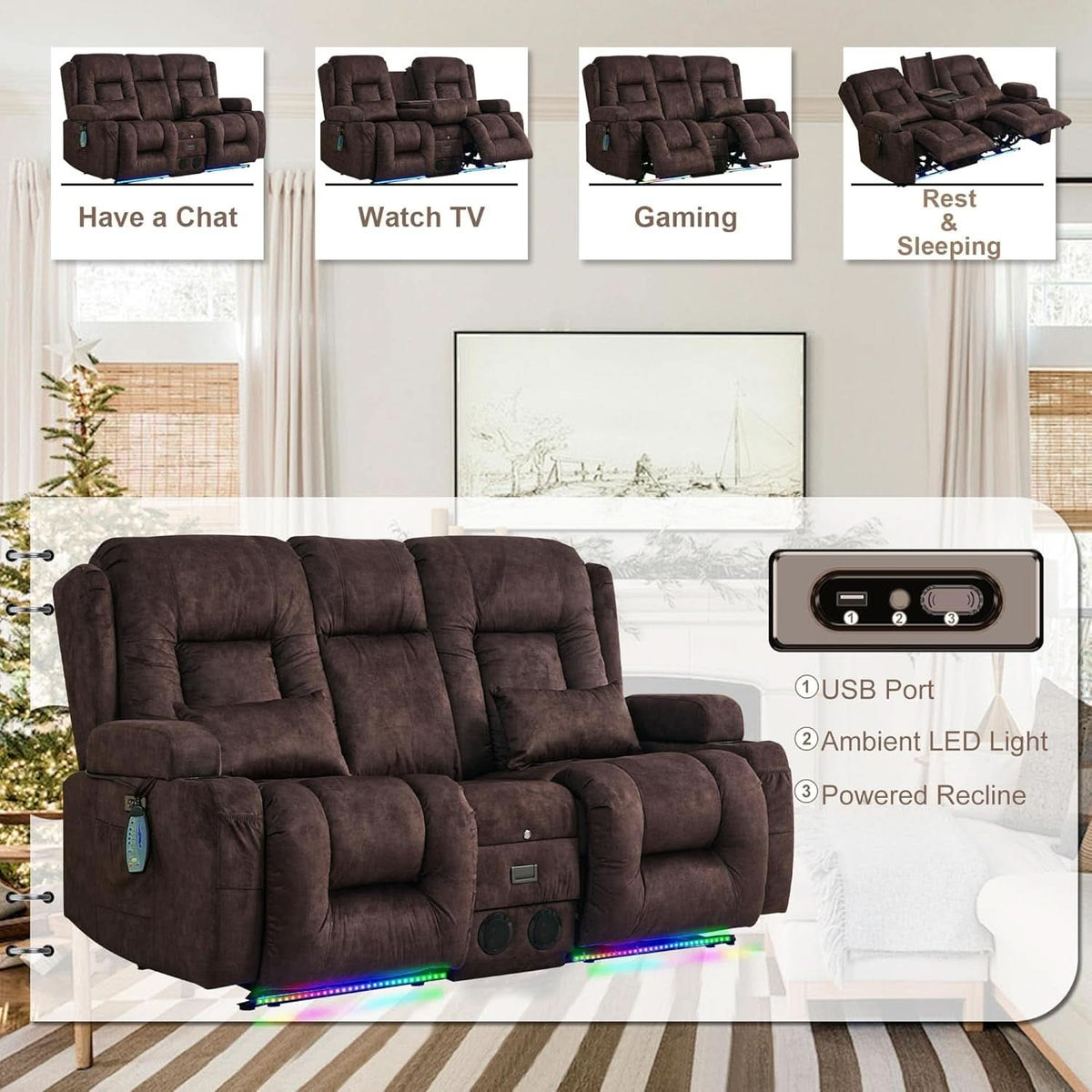 Power Loveseat Recliner Sofa With Massage Velvet Brown