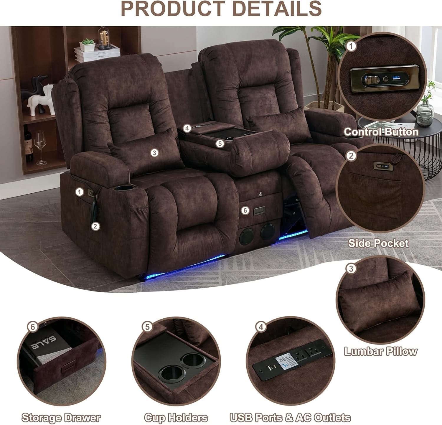 Power Loveseat Recliner Sofa With Massage Velvet Brown