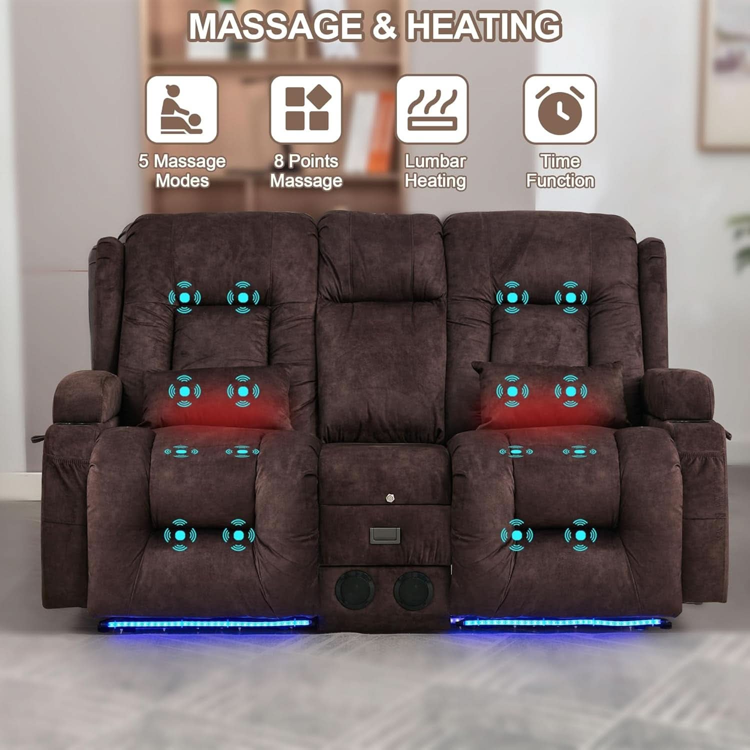 Power Loveseat Recliner Sofa With Massage Velvet Brown
