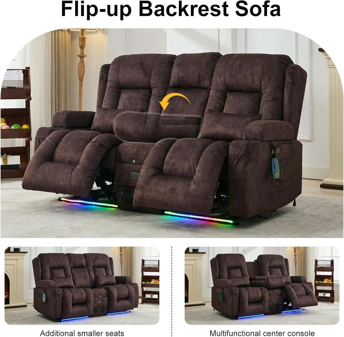 Power Loveseat Recliner Sofa With Massage Velvet Brown