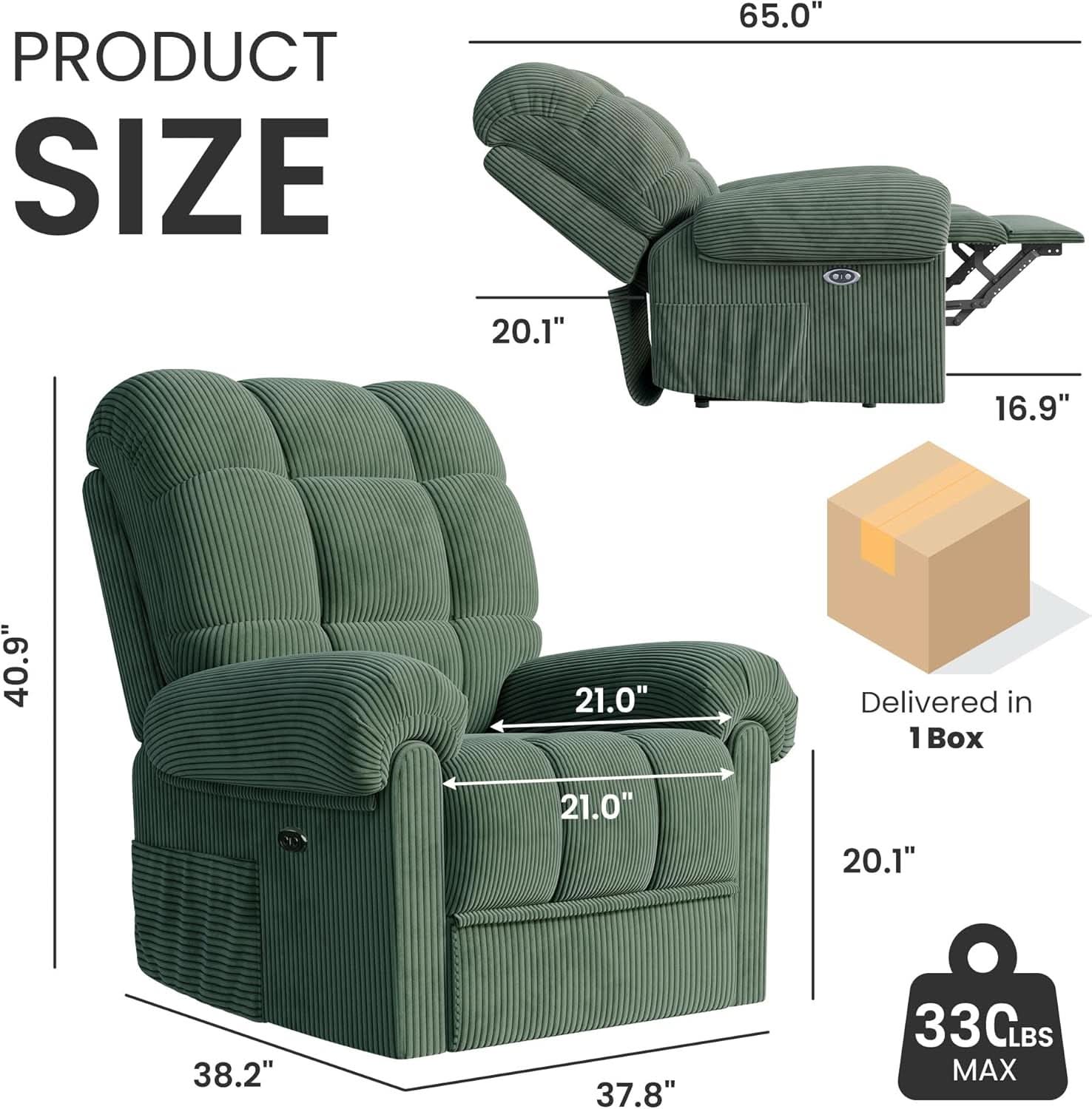 Power Recliner Chair With USB Port Green Corduroy Recliner