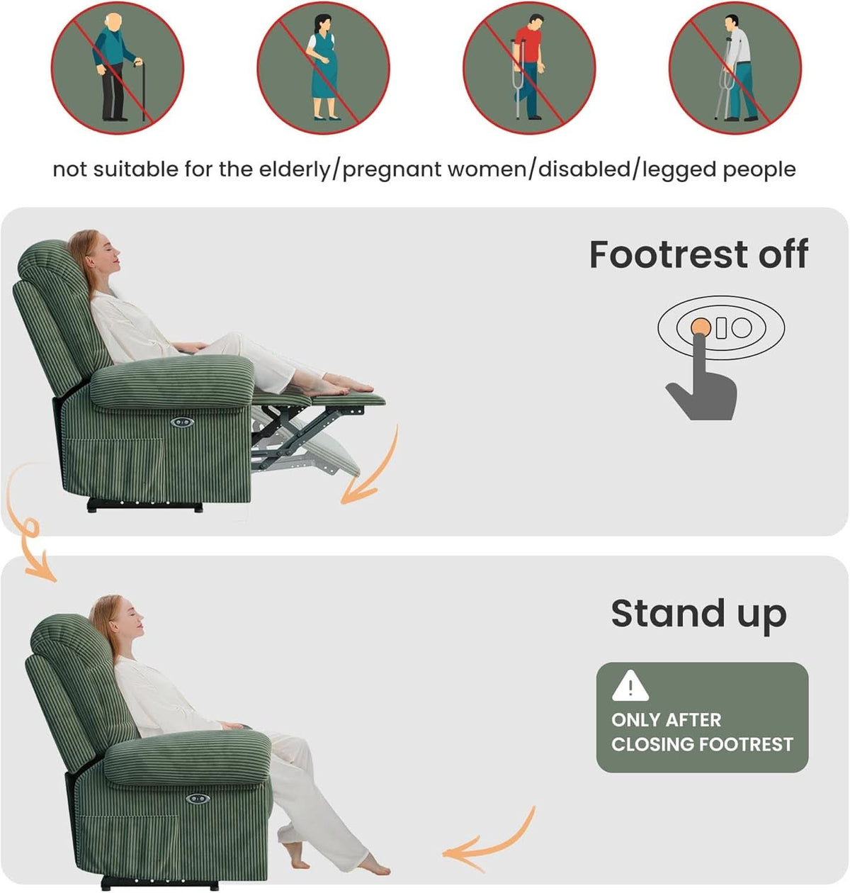 Power Recliner Chair With USB Port Green Corduroy Recliner