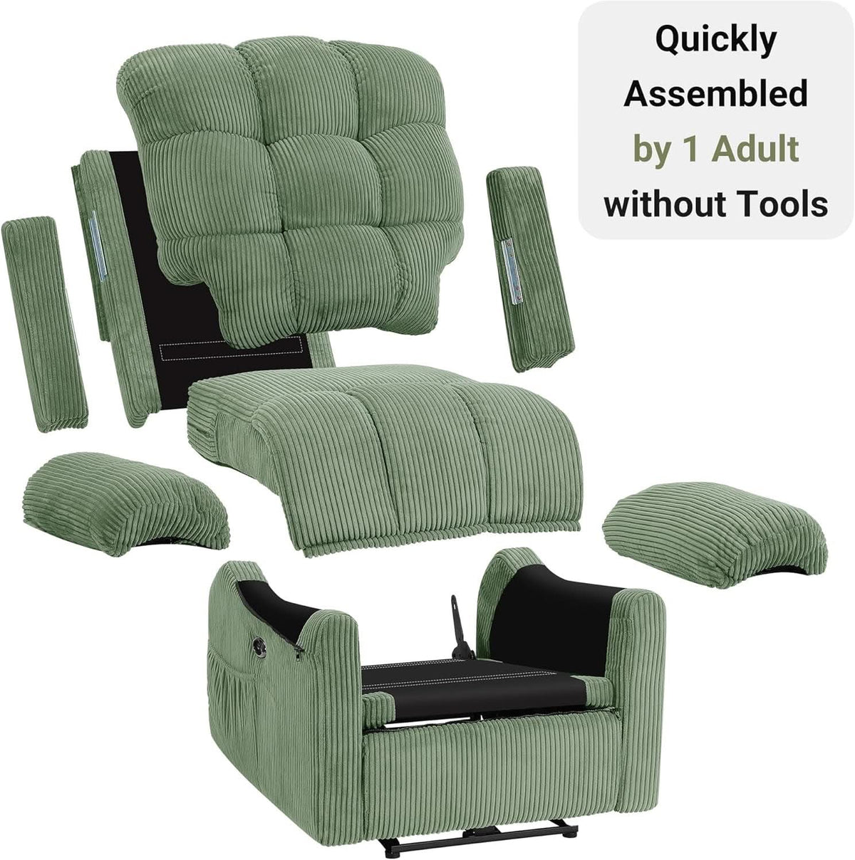 Power Recliner Chair With USB Port Green Corduroy Recliner