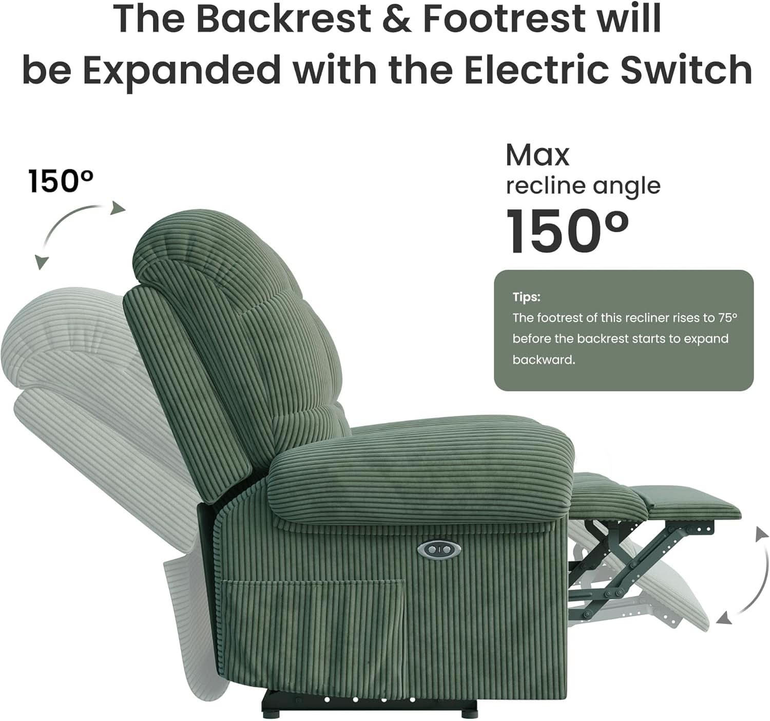 Power Recliner Chair With USB Port Green Corduroy Recliner