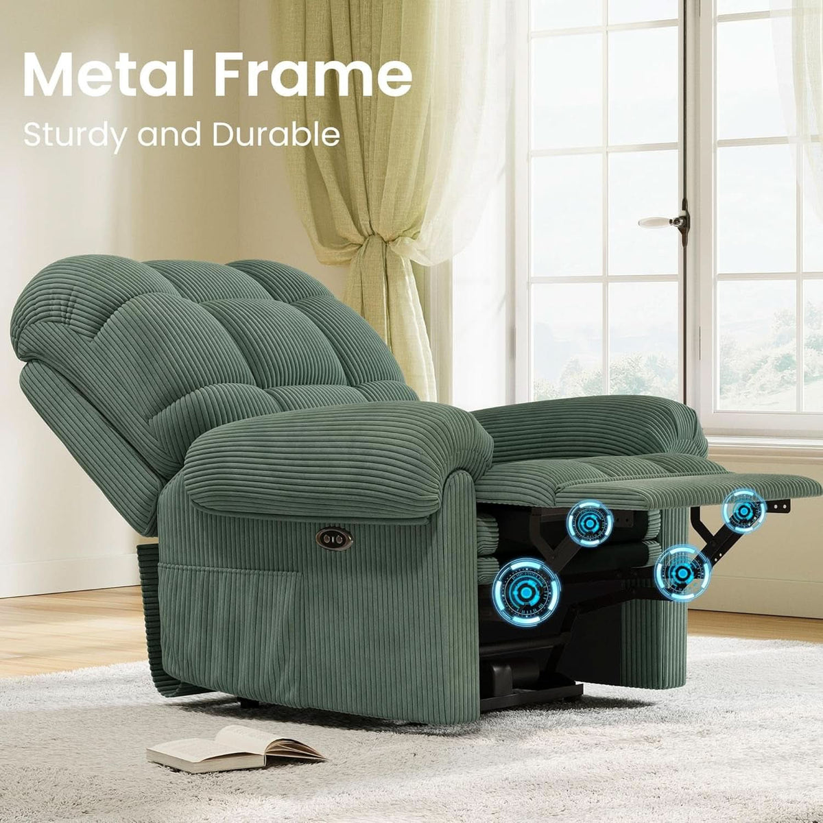 Power Recliner Chair With USB Port Green Corduroy Recliner