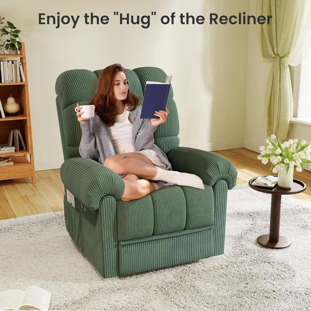 Power Recliner Chair With USB Port Green Corduroy Recliner