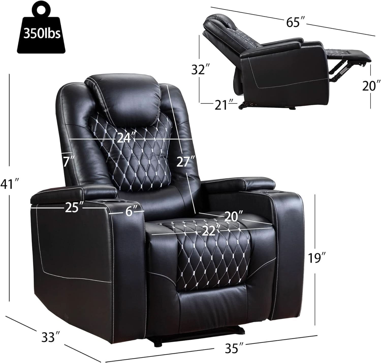Power Recliner Chair With USB Ports And Cup Holders Black