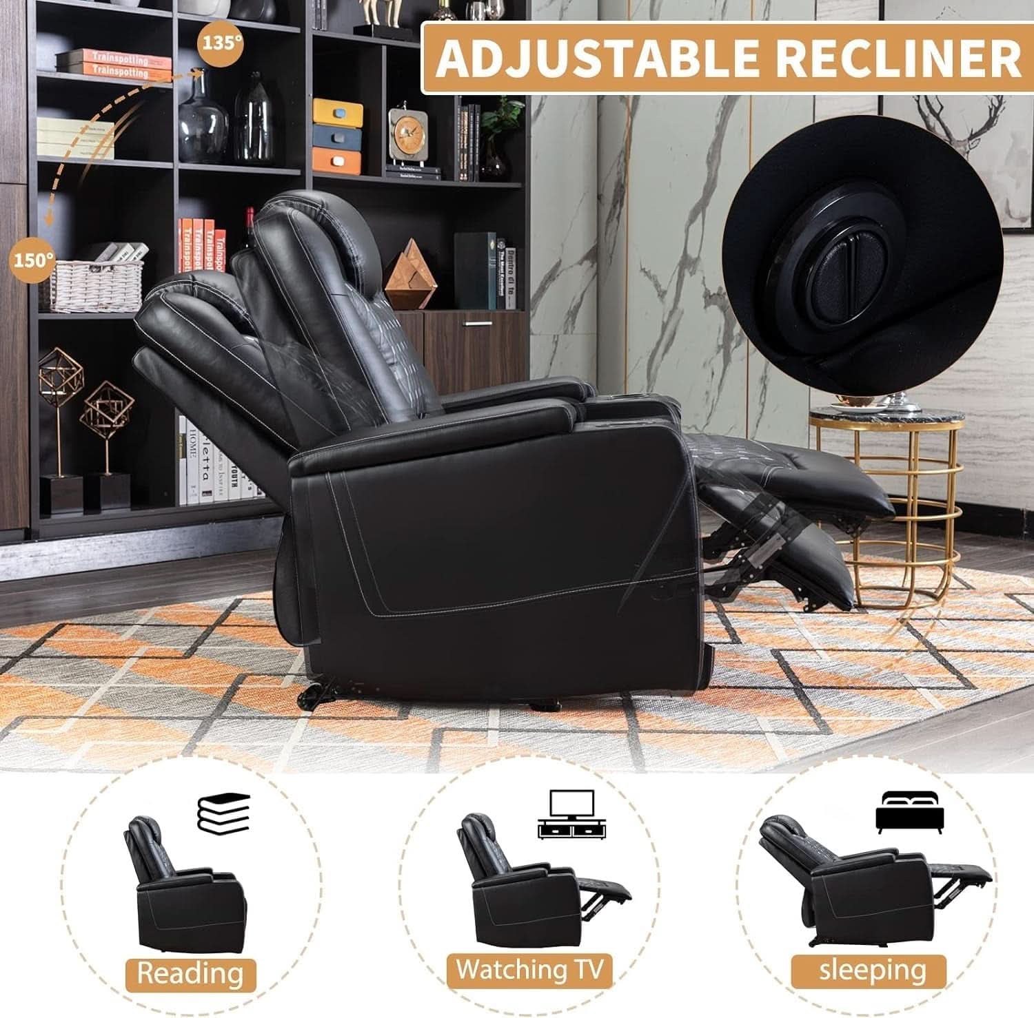 Power Recliner Chair With USB Ports And Cup Holders Black