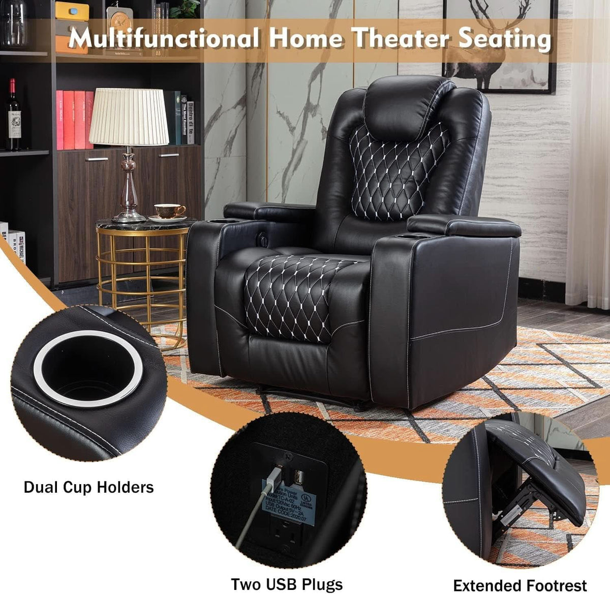 Power Recliner Chair With USB Ports And Cup Holders Black