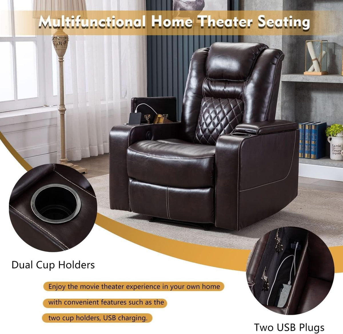 Power Recliner Chair With USB Ports And Cup Holders Brown