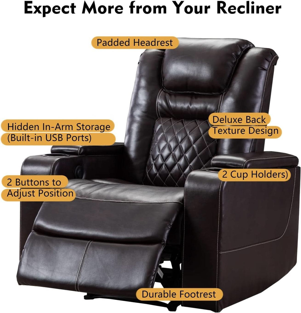 Power Recliner Chair With USB Ports And Cup Holders Brown