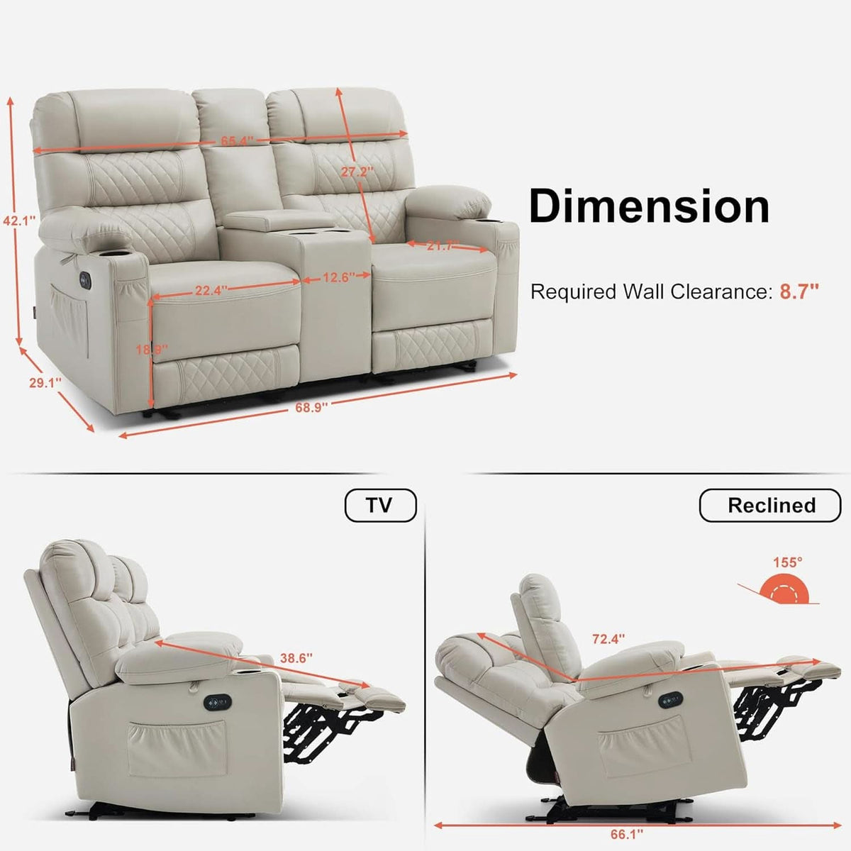 Power Recliner Loveseat With Console And Heat Vibration USB Light Grey