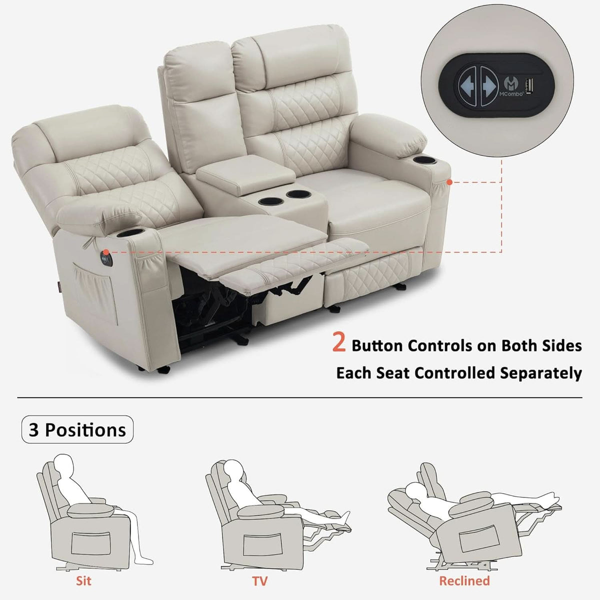 Power Recliner Loveseat With Console And Heat Vibration USB Light Grey