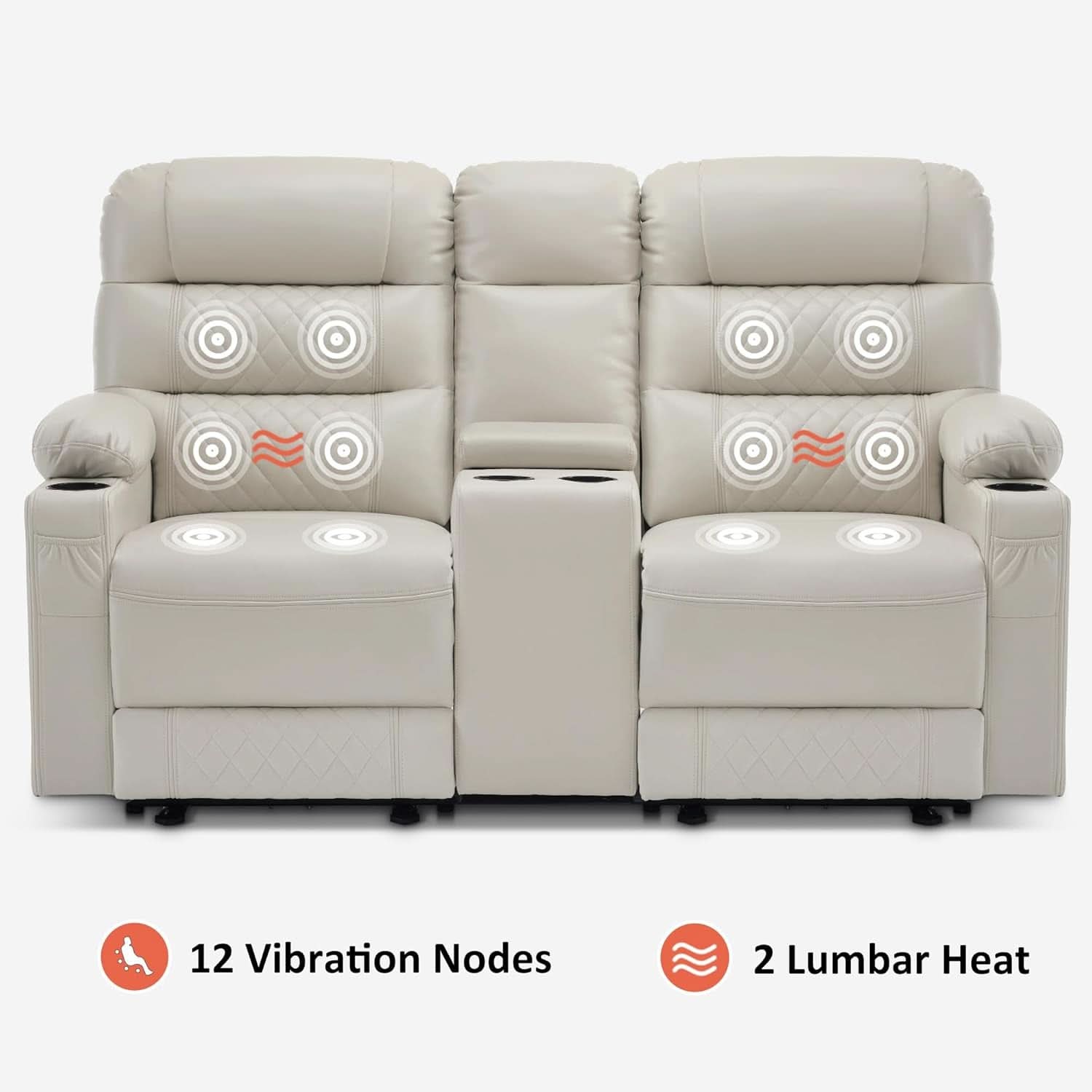 Power Recliner Loveseat With Console And Heat Vibration USB Light Grey