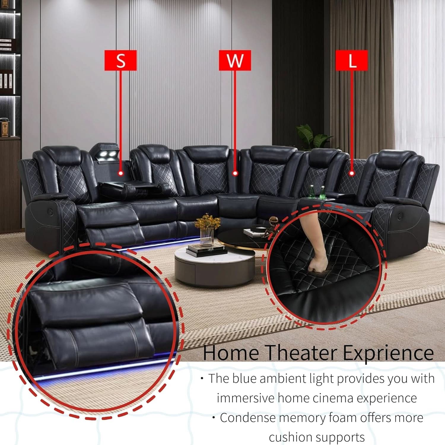 Power Recliner Sectional Sofa Black With LED Lights