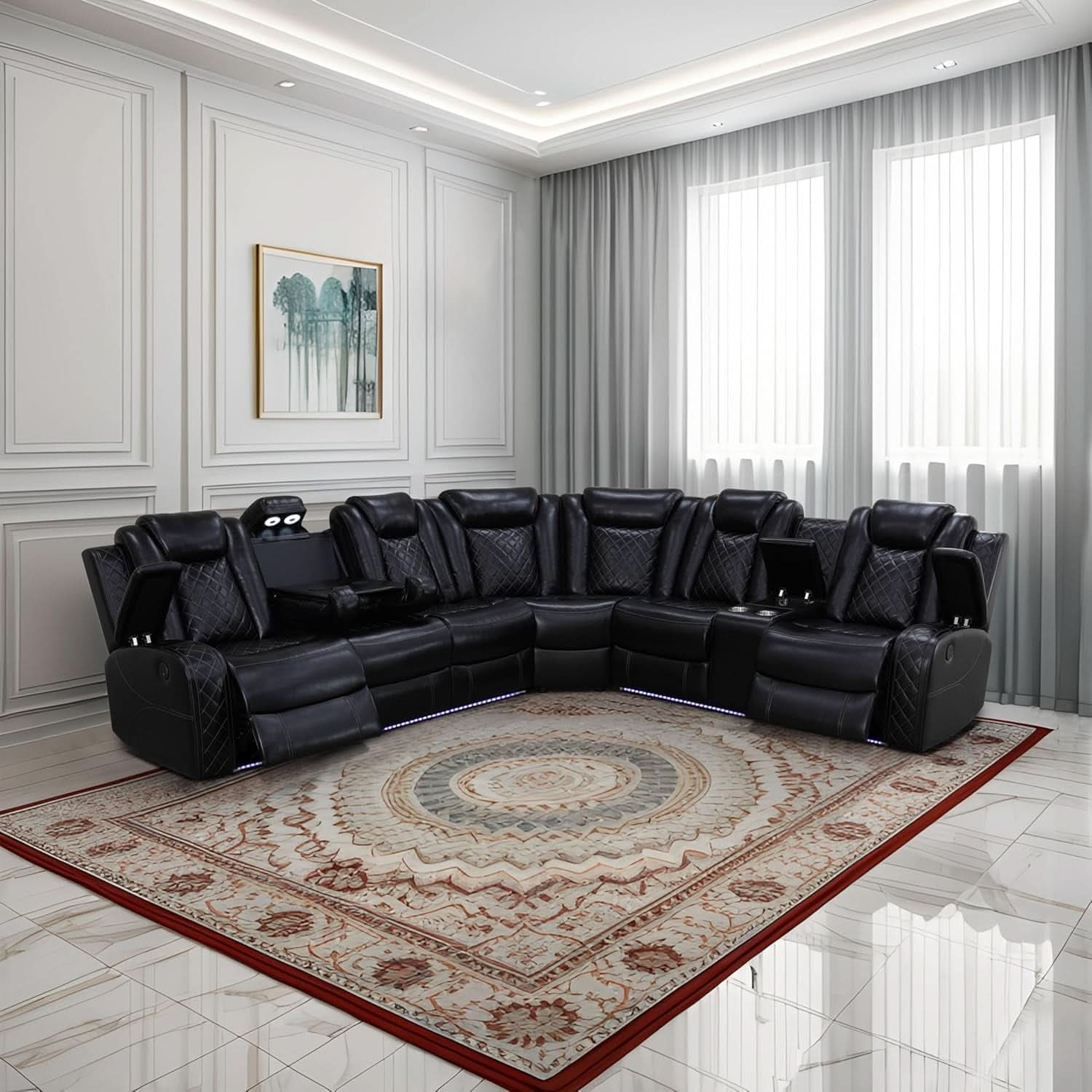 Power Recliner Sectional Sofa Black With LED Lights