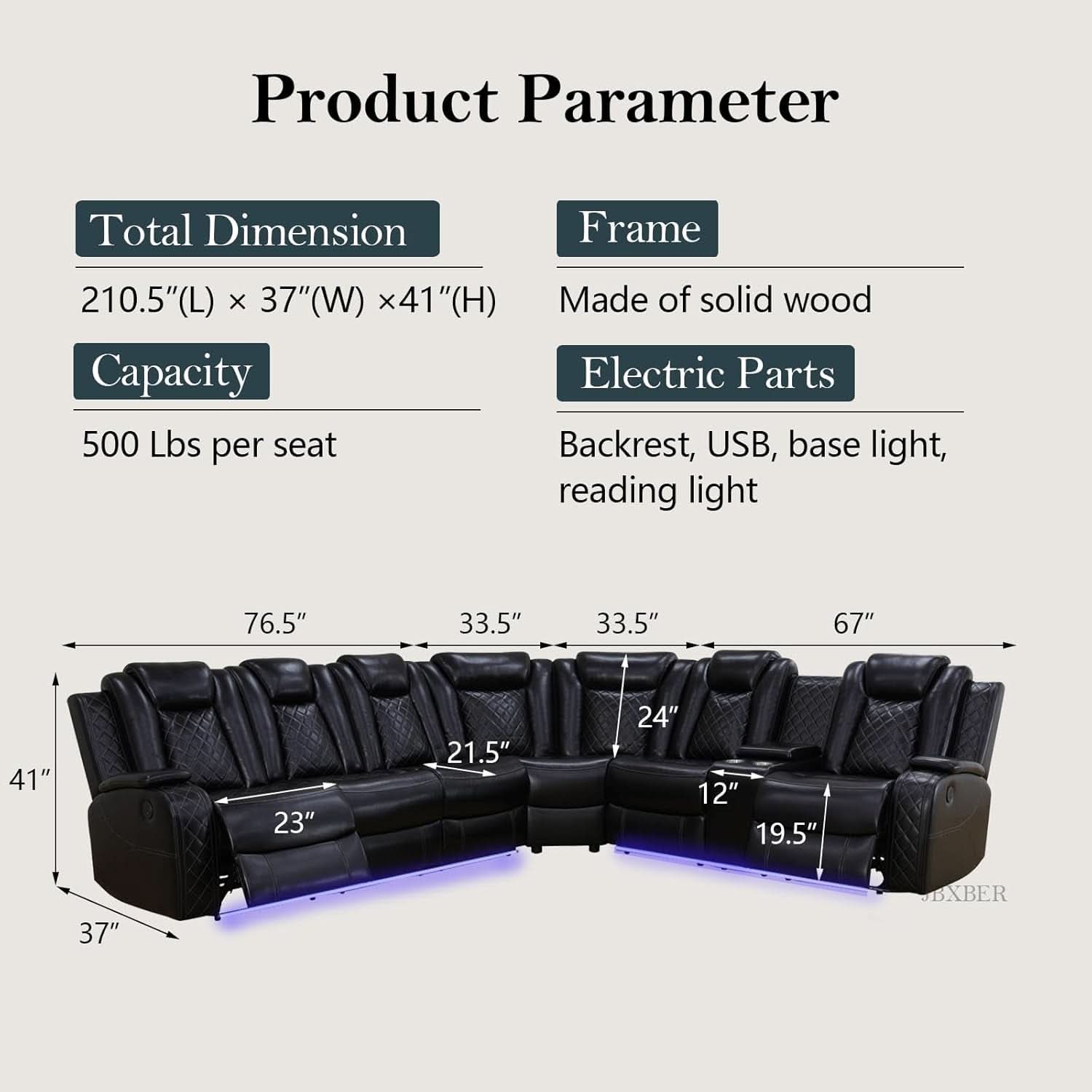 Power Recliner Sectional Sofa Set In Black With Led Lights