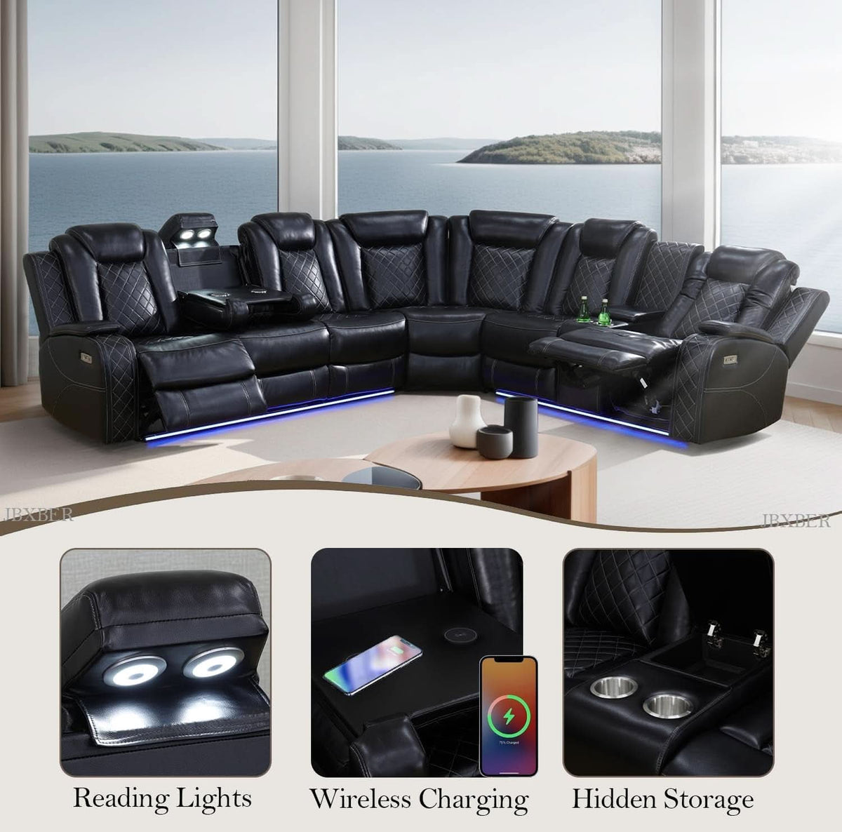 Power Recliner Sectional Sofa Set In Black With Led Lights