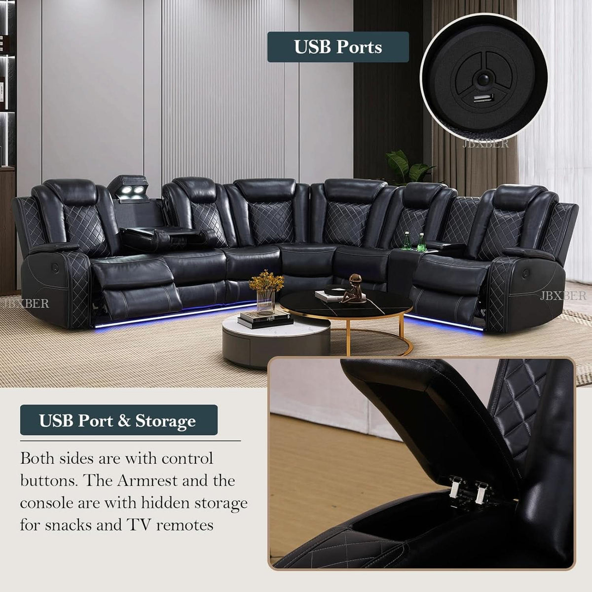 Power Recliner Sectional Sofa Set In Black With Led Lights