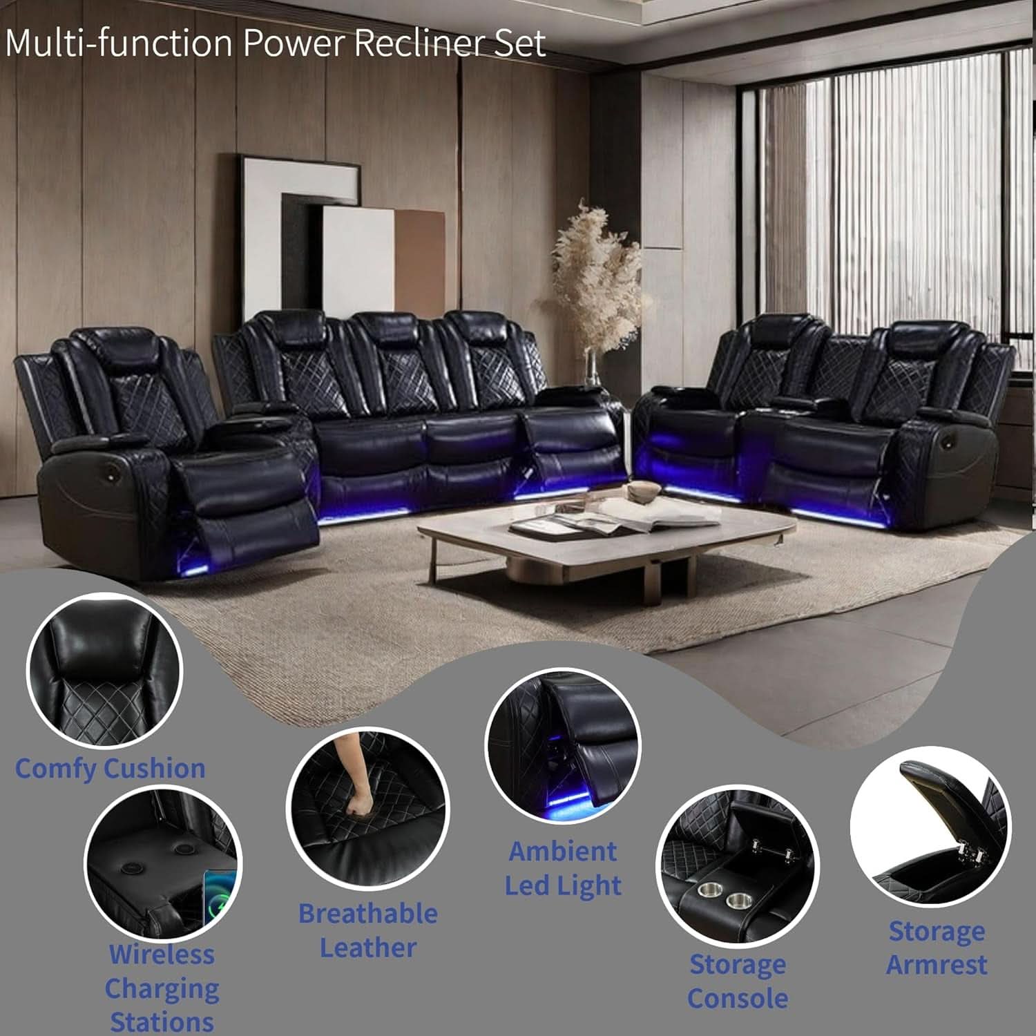 Power Recliner Set With LED Lights And Wireless Charger USB Port