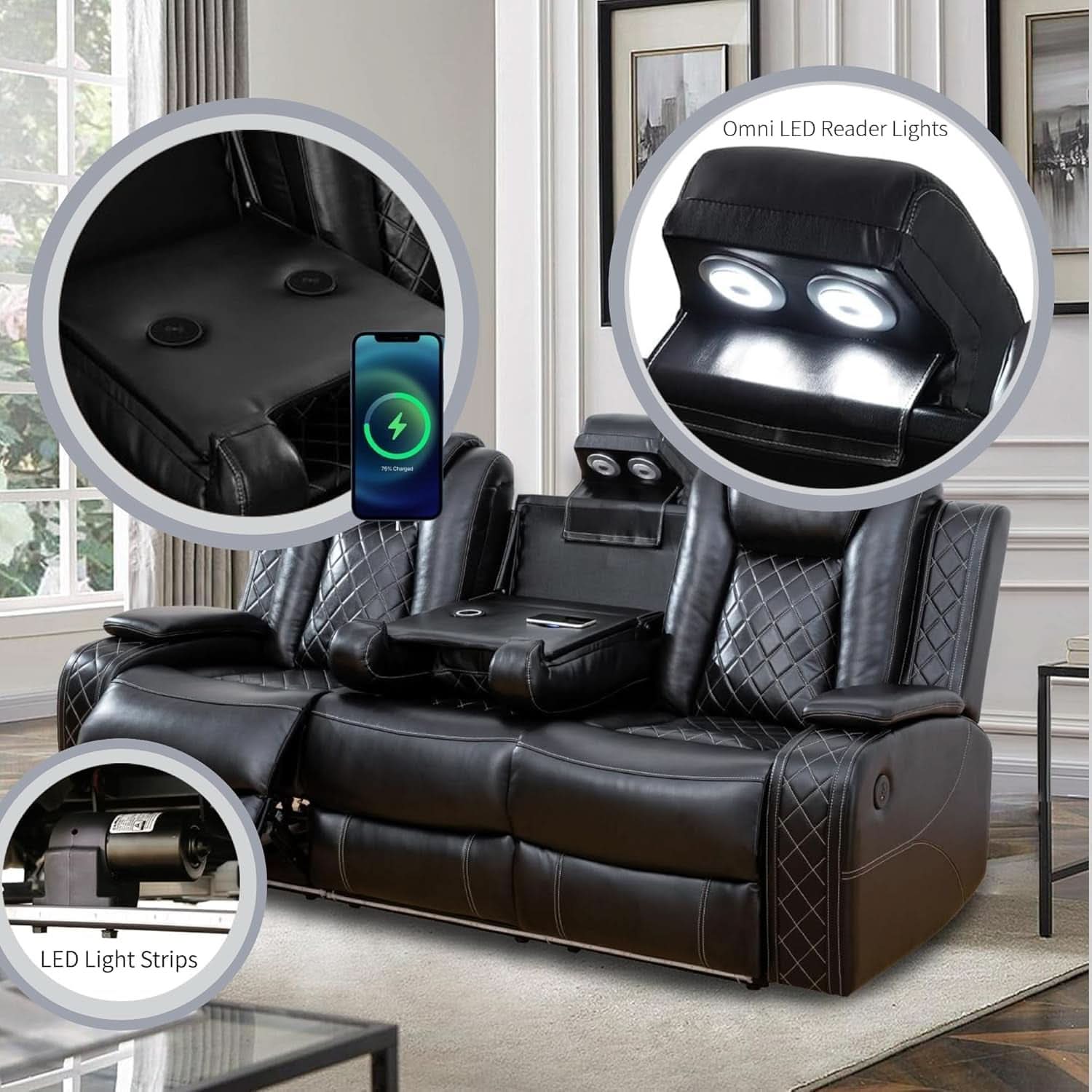 Power Recliner Set With LED Lights And Wireless Charger USB Port