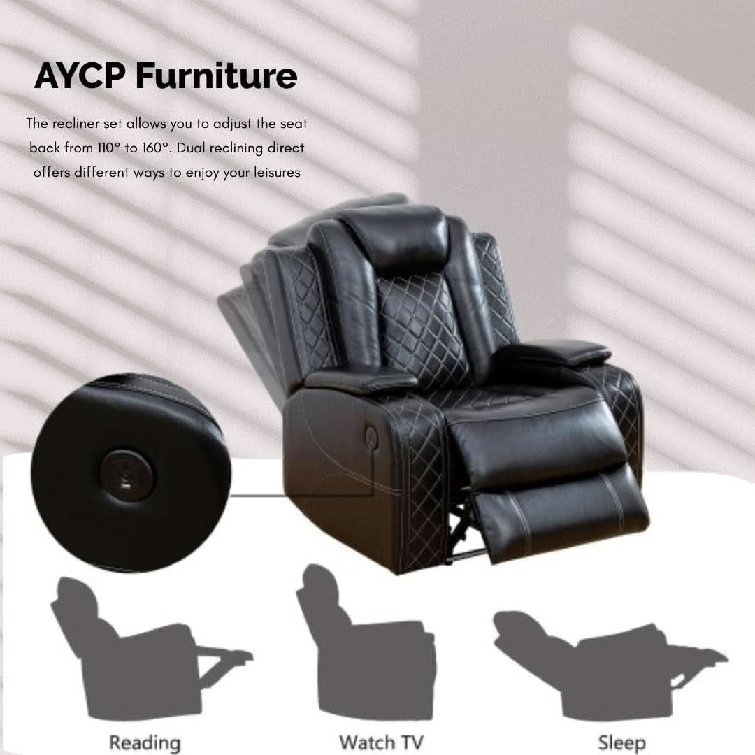 Power Recliner Set With LED Lights And Wireless Charger USB Port