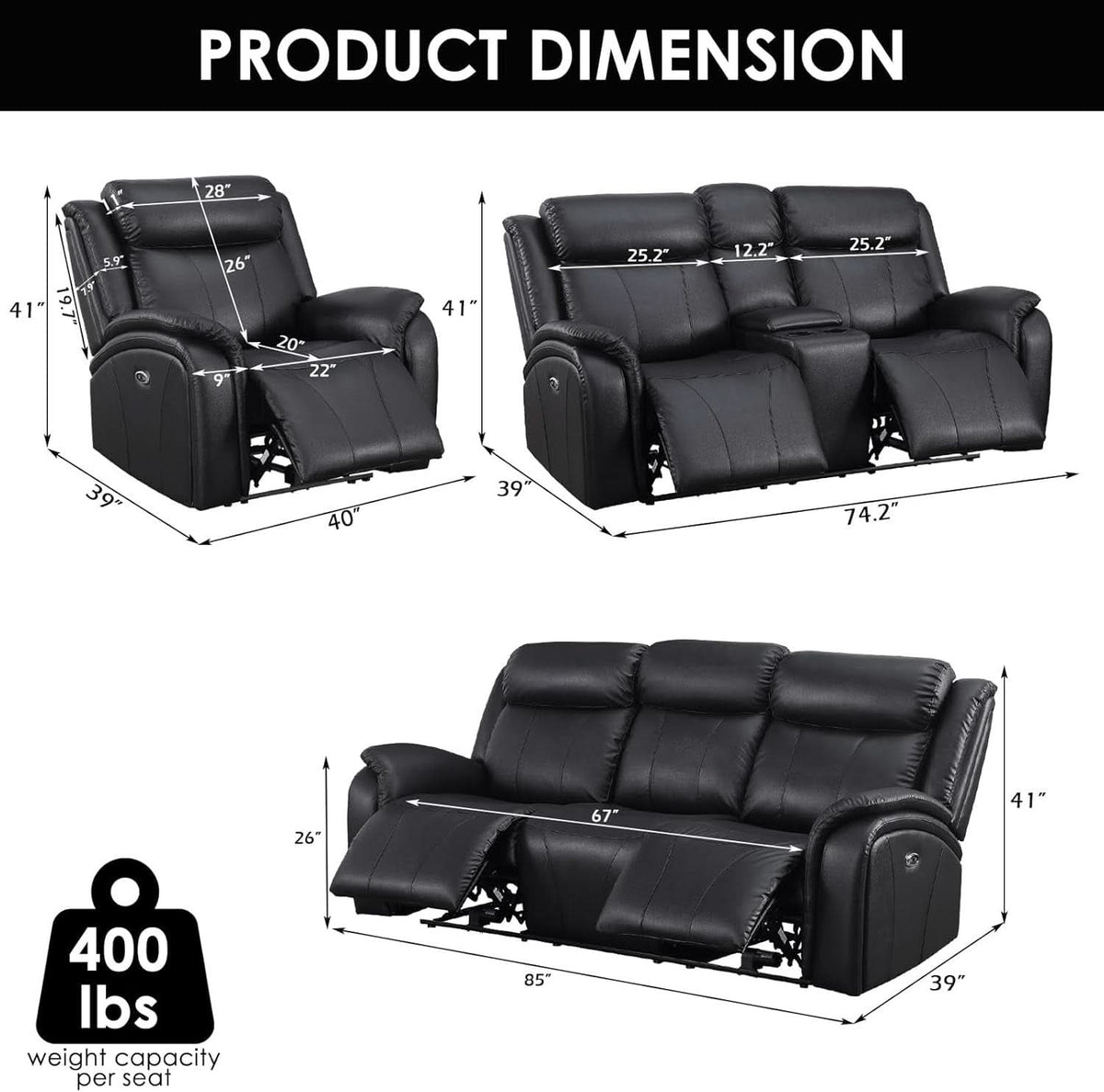 Power Recliner Sofa Set 3 Piece With Storage Black