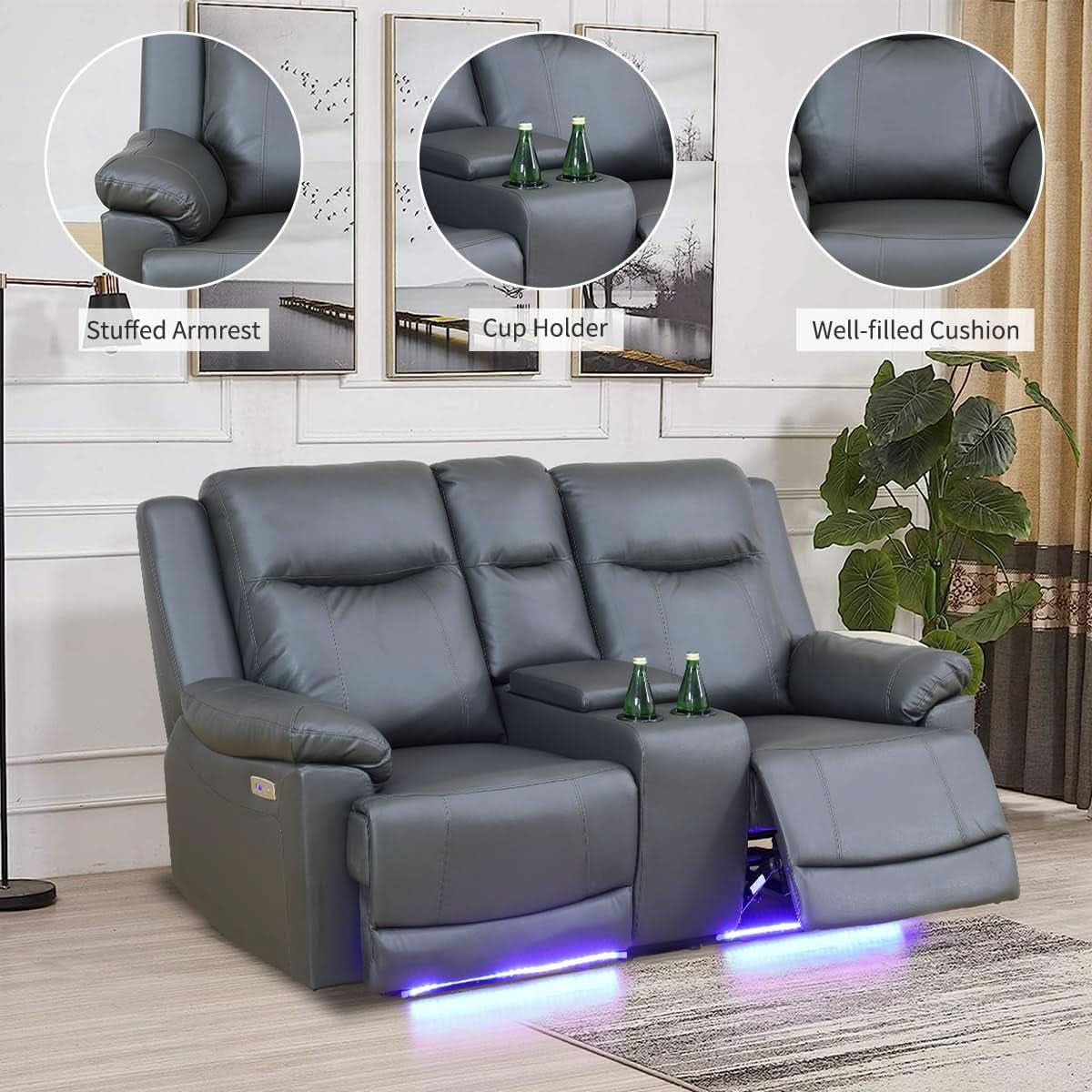 Power Recliner Sofa Set Leather With USB Ports Living Room