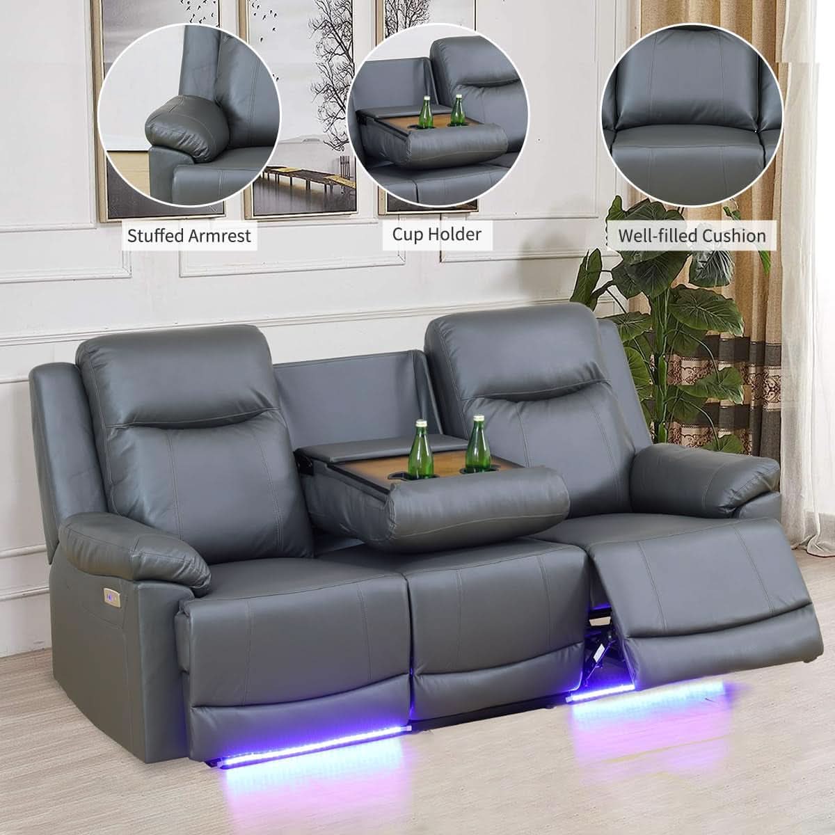 Power Recliner Sofa Set Leather With USB Ports Living Room