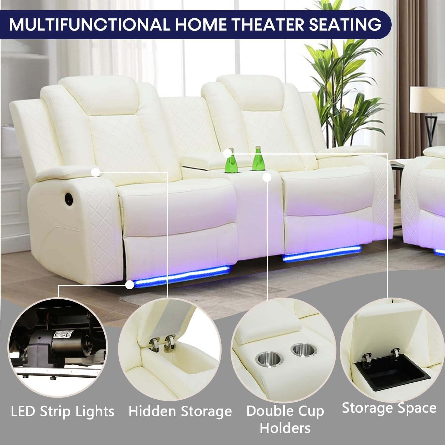 Power Recliner Sofa Set With LED Lights Creamy Finish