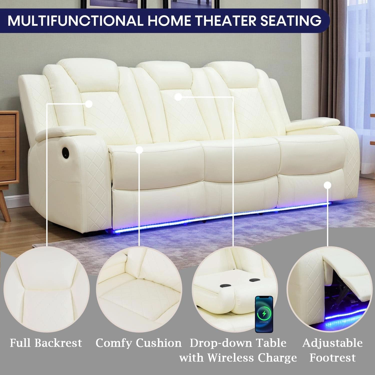 Power Recliner Sofa Set With LED Lights Creamy Finish