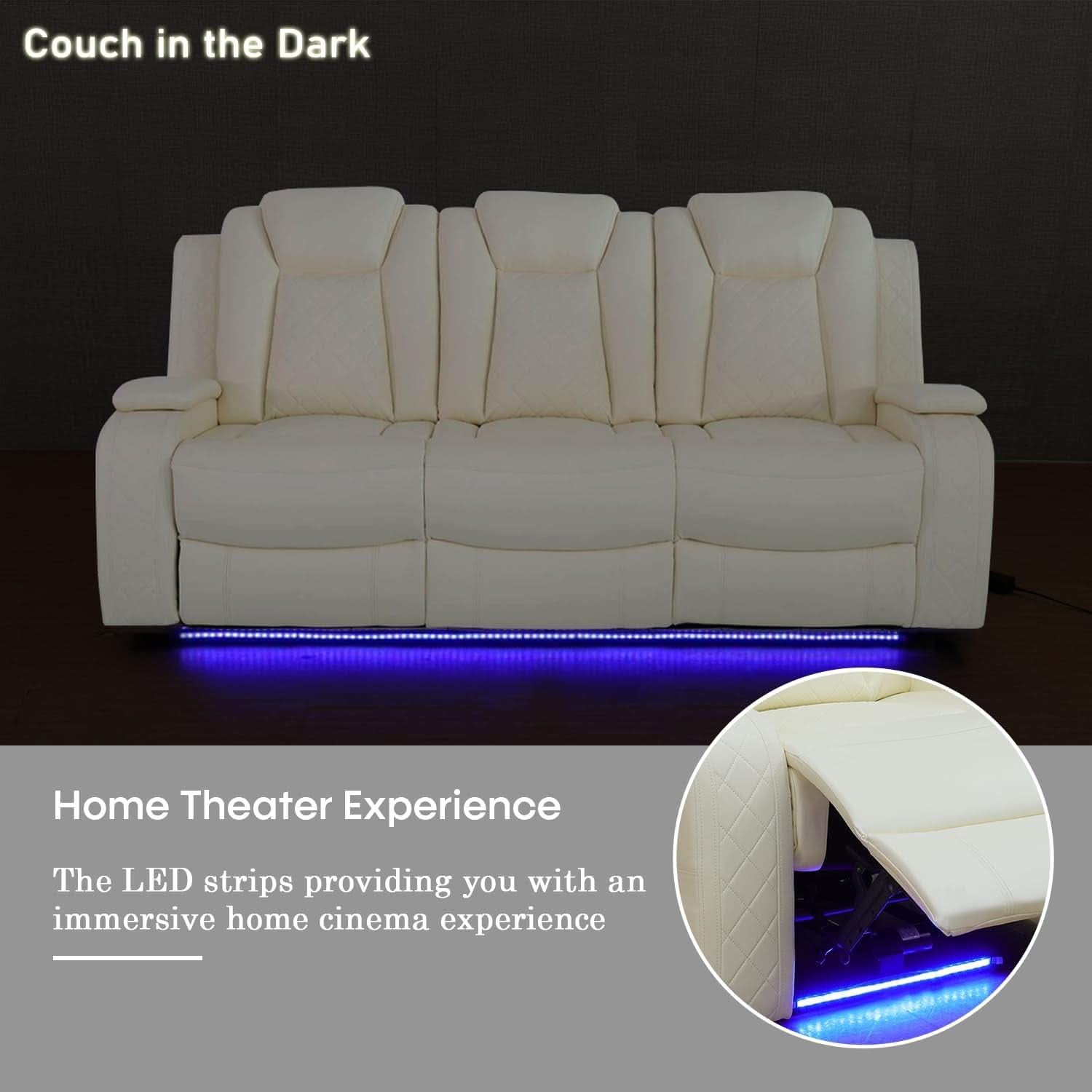 Power Recliner Sofa Set With LED Lights Creamy Finish
