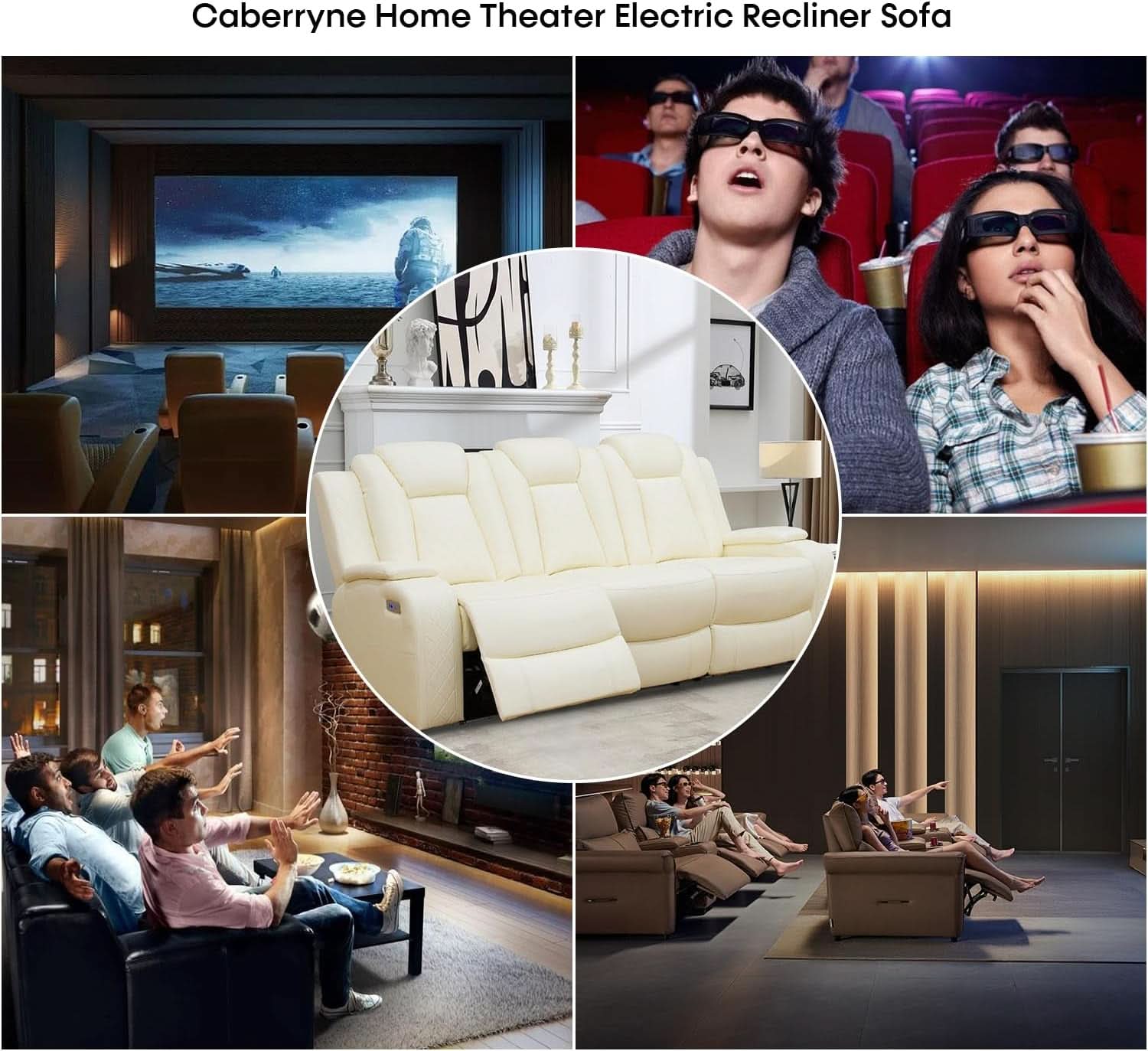 Power Recliner Sofa Set With LED Lights Creamy Finish