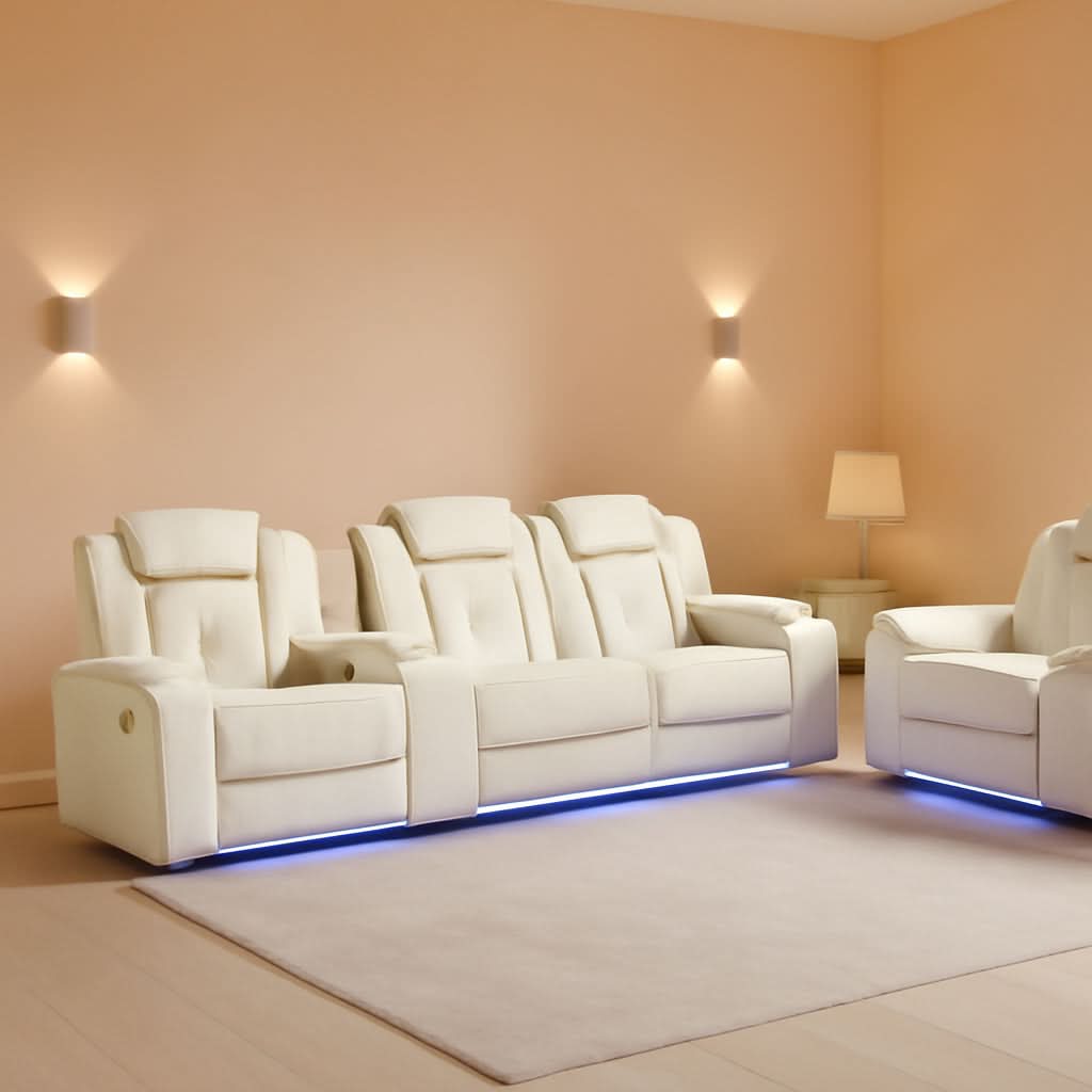 Power Recliner Sofa Set With LED Lights Creamy Finish