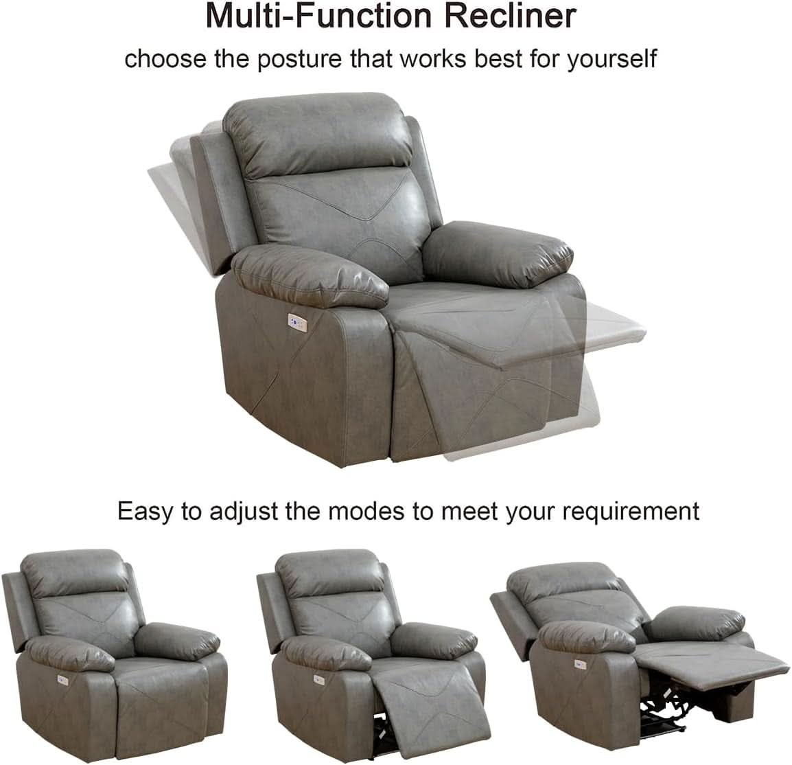 Power Recliner Sofa Set With LED Lights Grey Two Piece