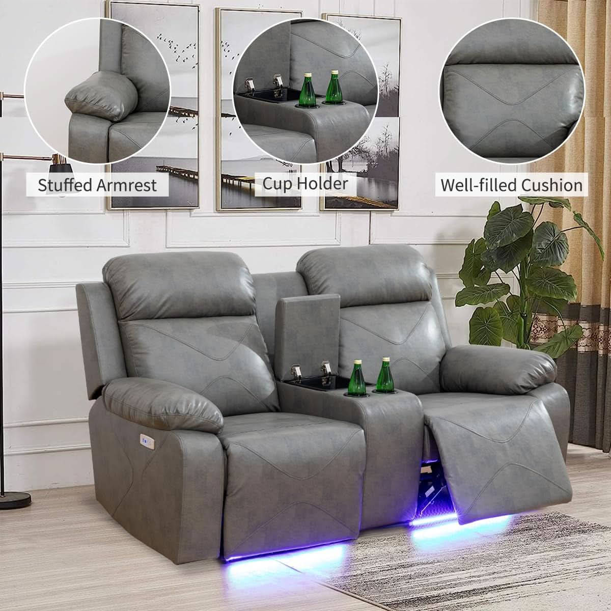 Power Recliner Sofa Set With LED Lights Grey Two Piece