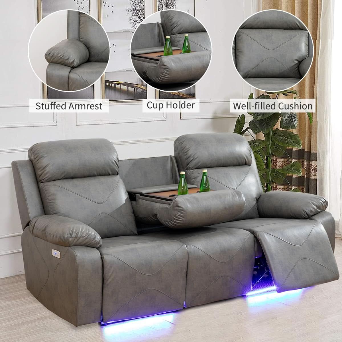 Power Recliner Sofa Set With LED Lights Grey Two Piece