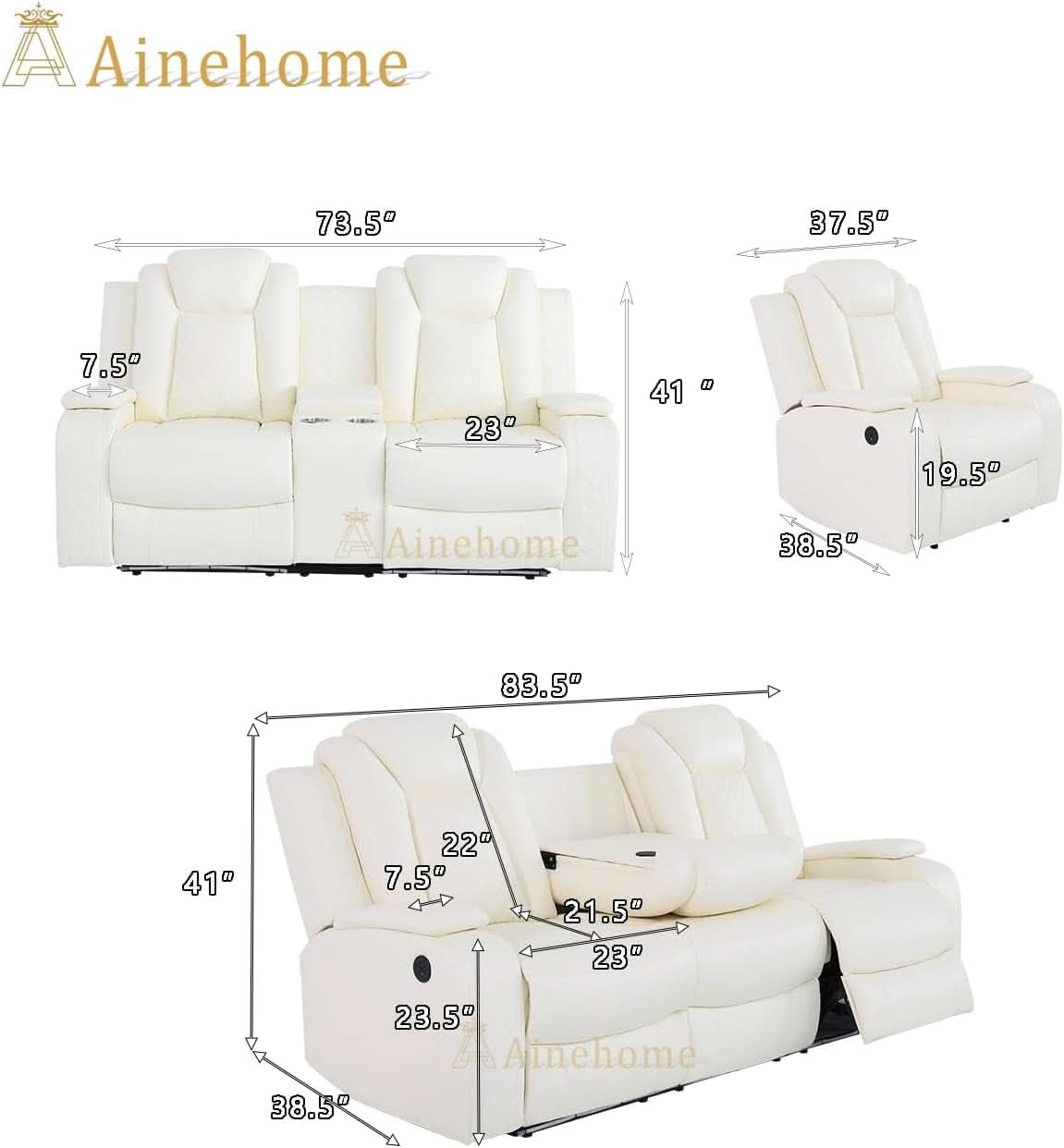 Power Recliner Sofa Set With Wireless Charging Creamy White