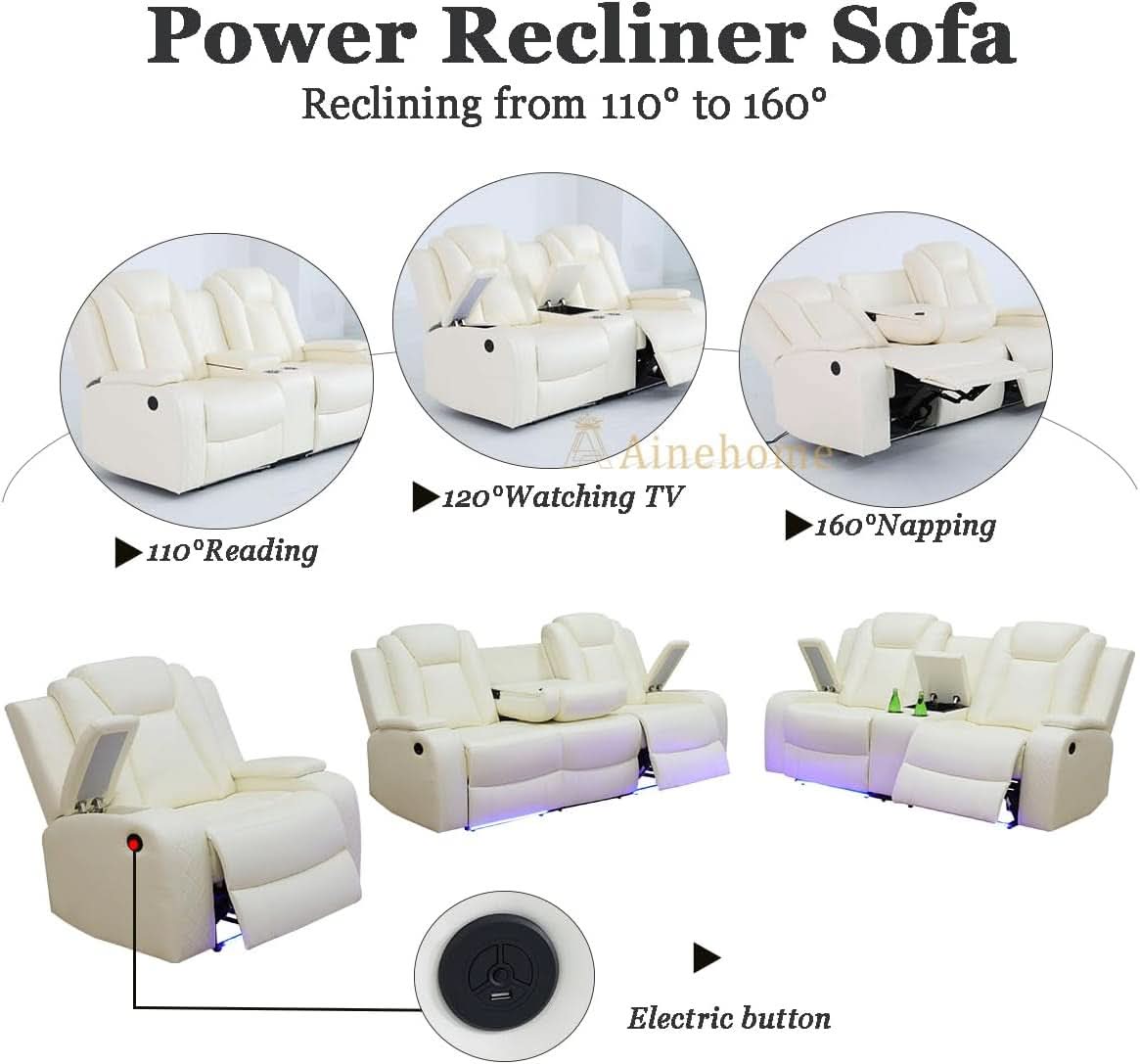 Power Recliner Sofa Set With Wireless Charging Creamy White