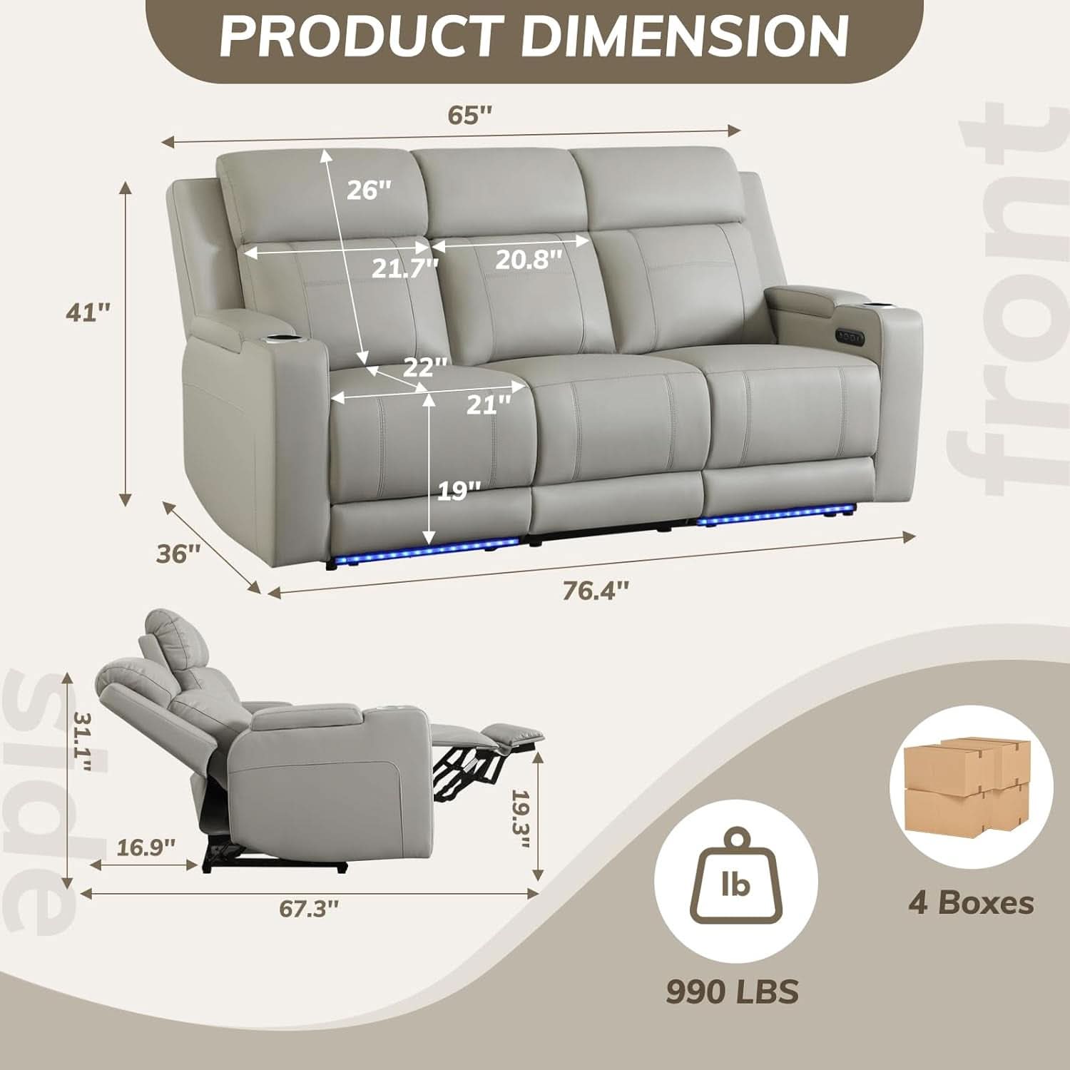 Power Recliner Sofa With Adjustable Headrest USB Charging