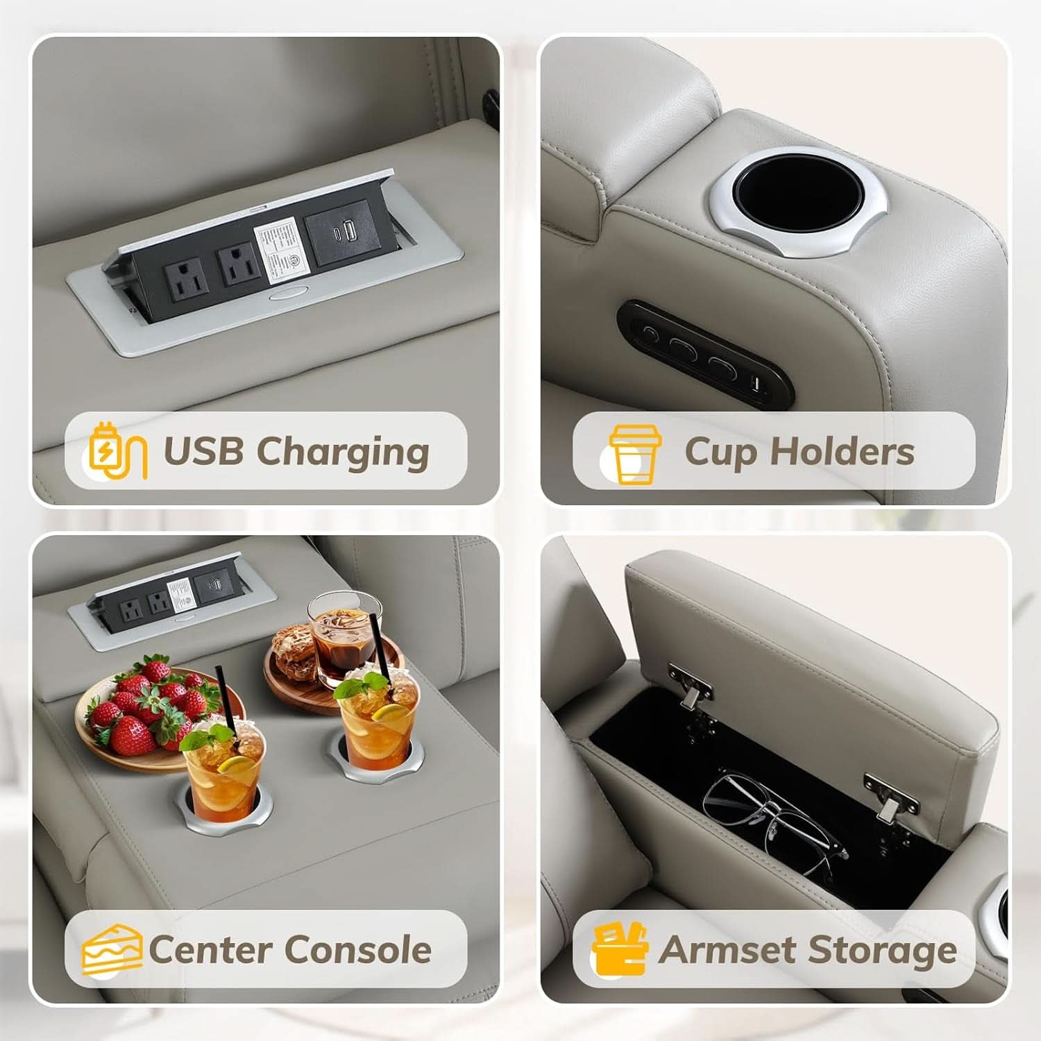 Power Recliner Sofa With Adjustable Headrest USB Charging