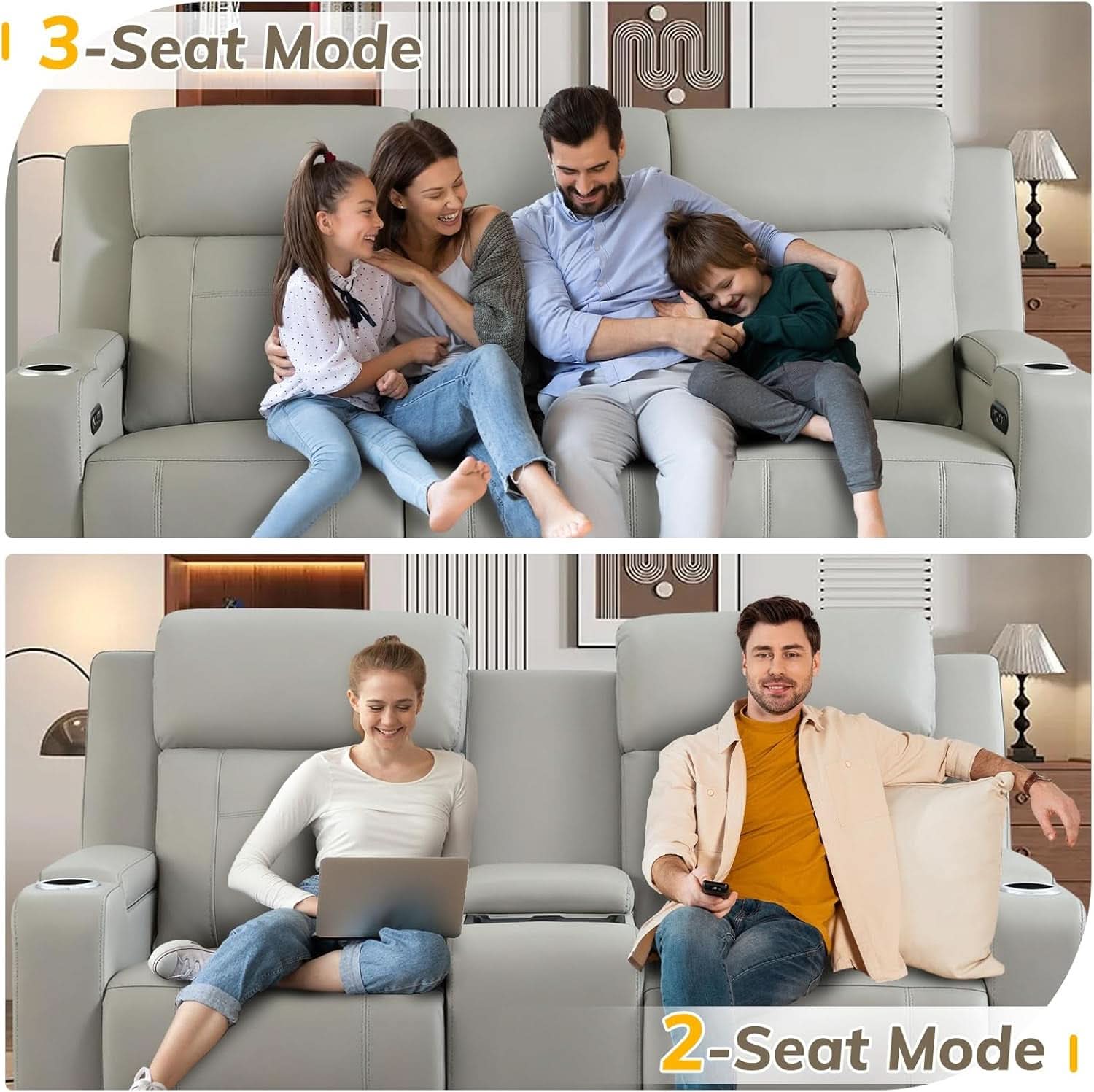 Power Recliner Sofa With Adjustable Headrest USB Charging