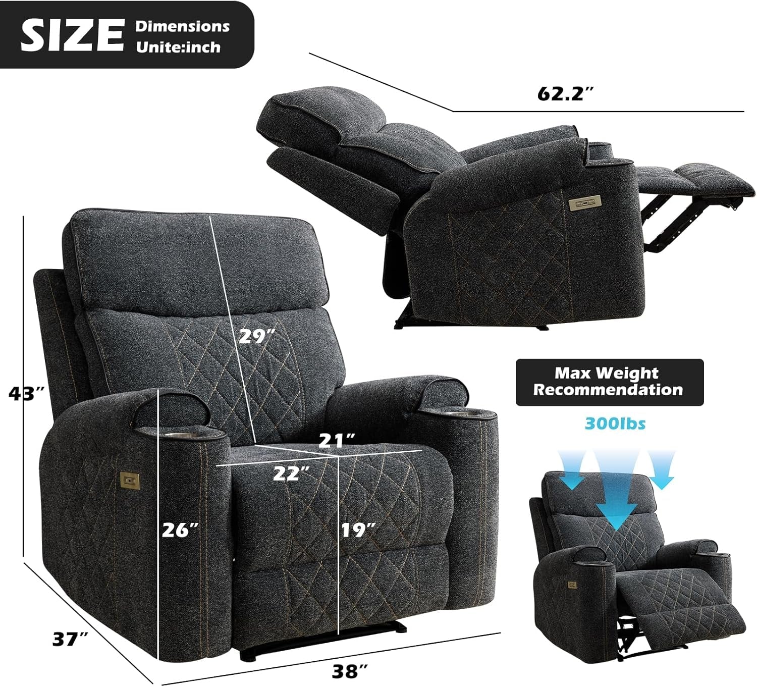 Power Recliner Sofa With Cup Holders And Double Backrest