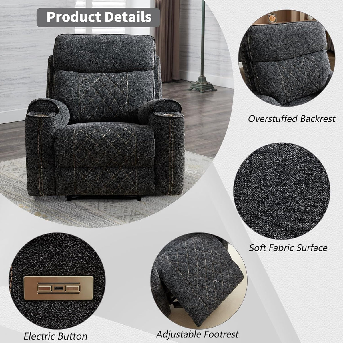 Power Recliner Sofa With Cup Holders And Double Backrest