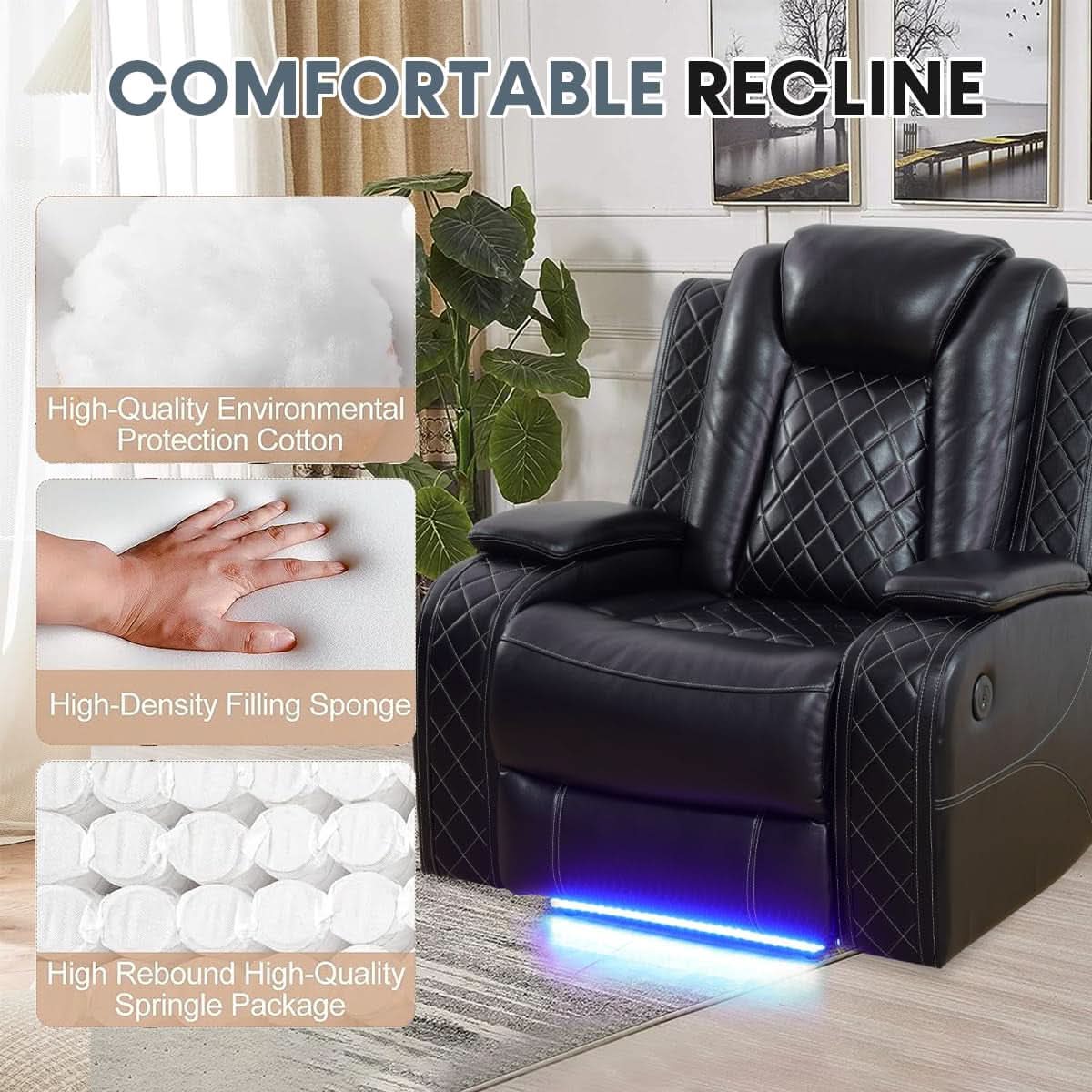 Power Recliner Sofa With LED Lights Black Leather 2 Piece