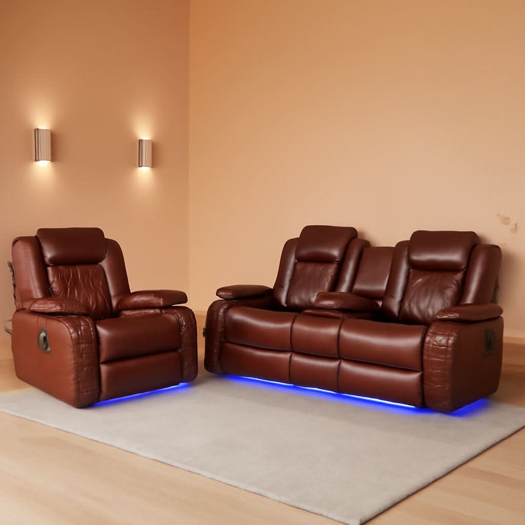 Power Reclining Brown Leather Sofa Set For Living Room