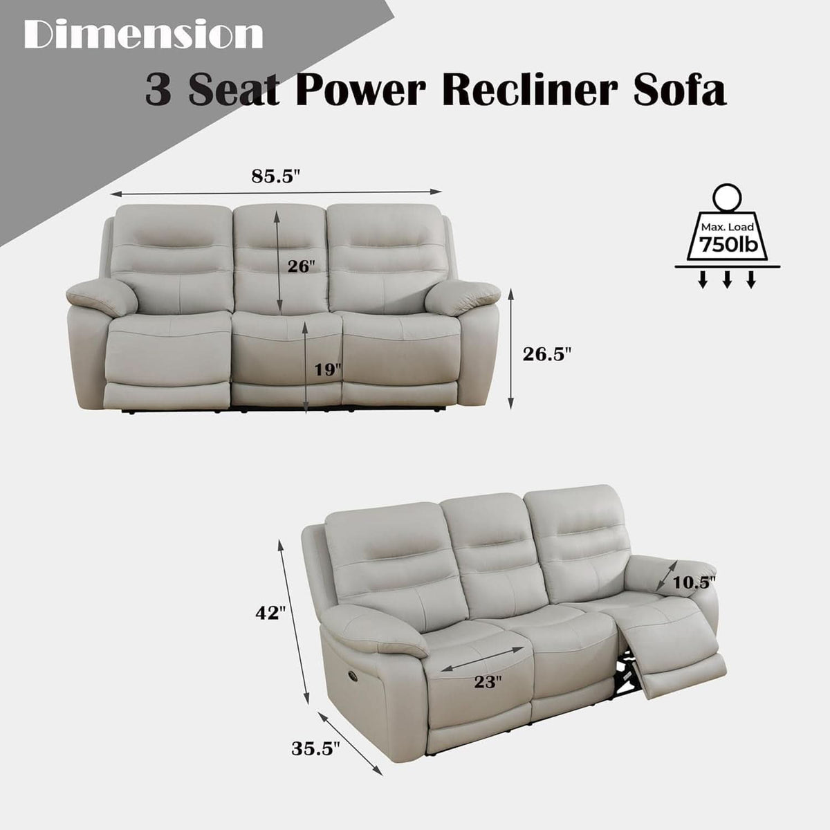 Power Reclining Leather Sofa Set With USB Port Light Grey