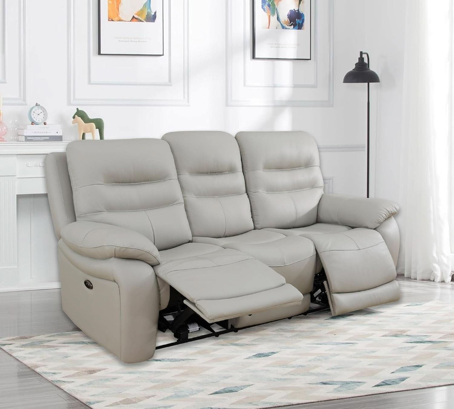 Power Reclining Leather Sofa Set With USB Port Light Grey