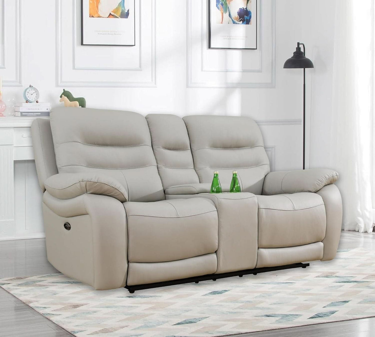 Power Reclining Leather Sofa Set With USB Port Light Grey