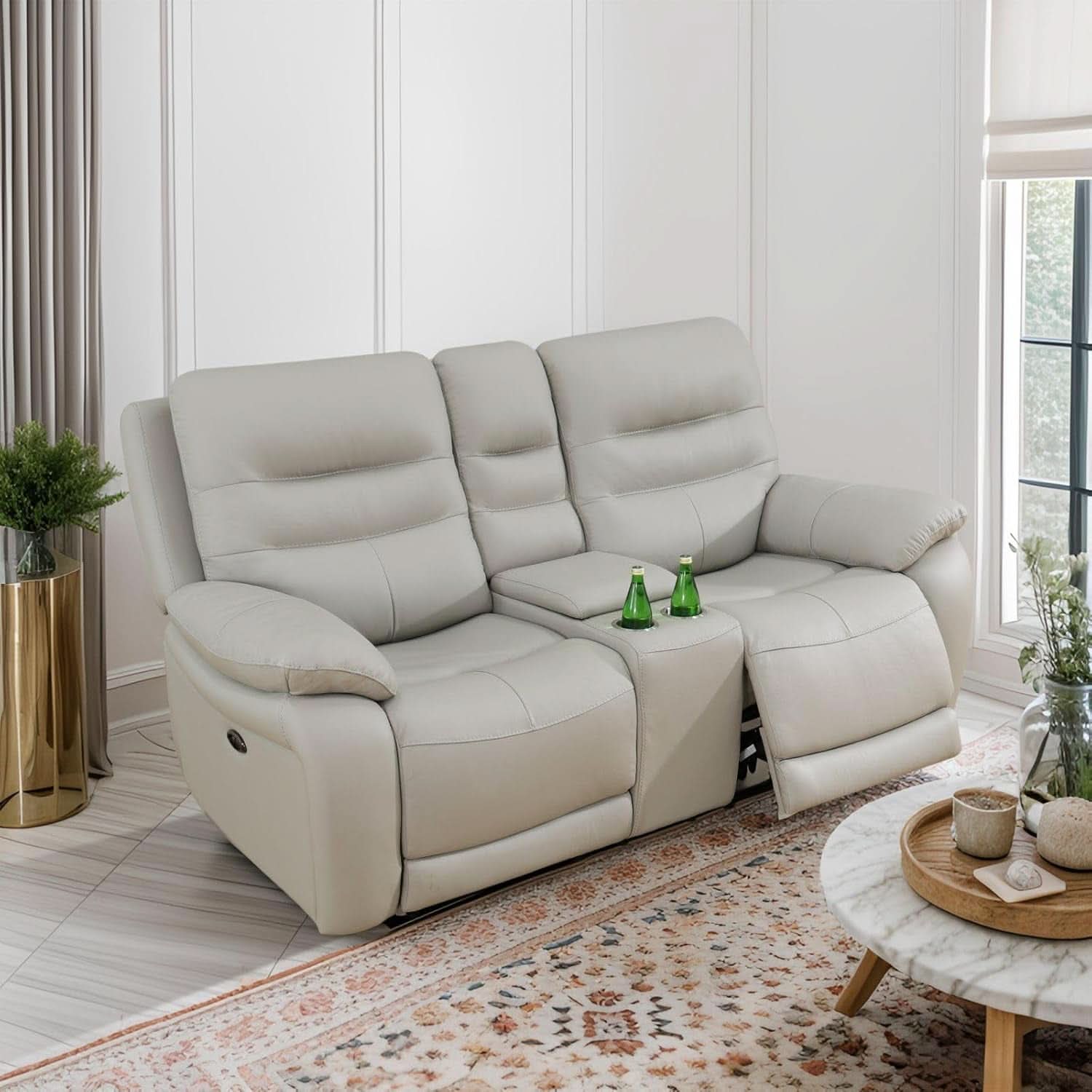 Power Reclining Leather Sofa Set With USB Port Light Grey